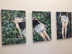 Young girl lying in the grass-21st Century Contemporary Triptych Figure Painting