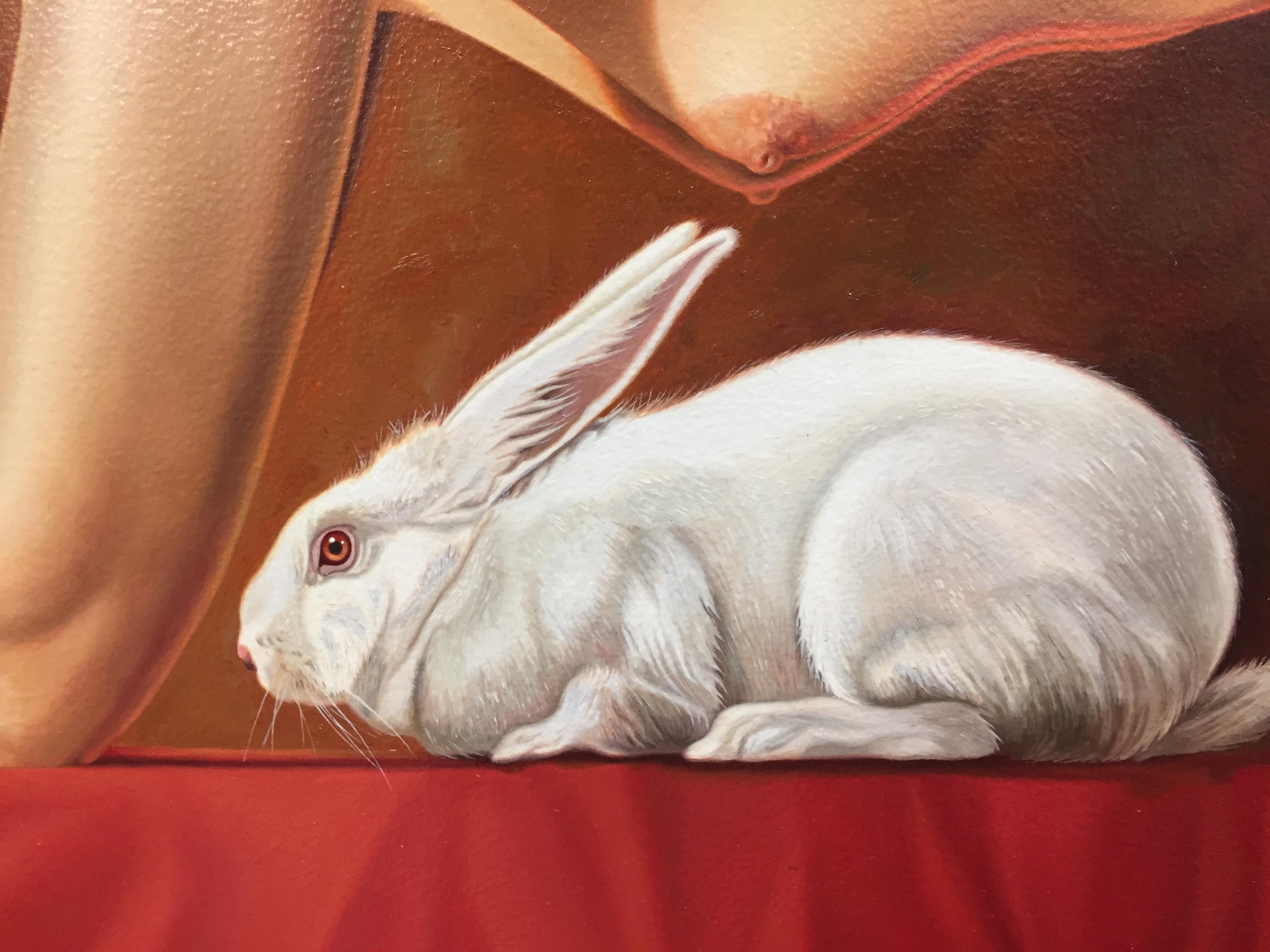 Kaninchen- Zeitgenössisches Gemälde eines nackten Mädchens mit weißem Kaninchen aus dem 21. Jahrhundert 2