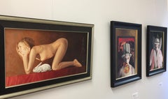 Lapin - Peinture contemporaine du 21e siècle représentant une jeune fille nue avec un lapin blanc