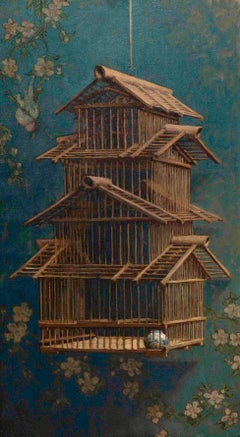 Free-21st Century Still-life Contempory Painting Japanese Birdcage with bowl 