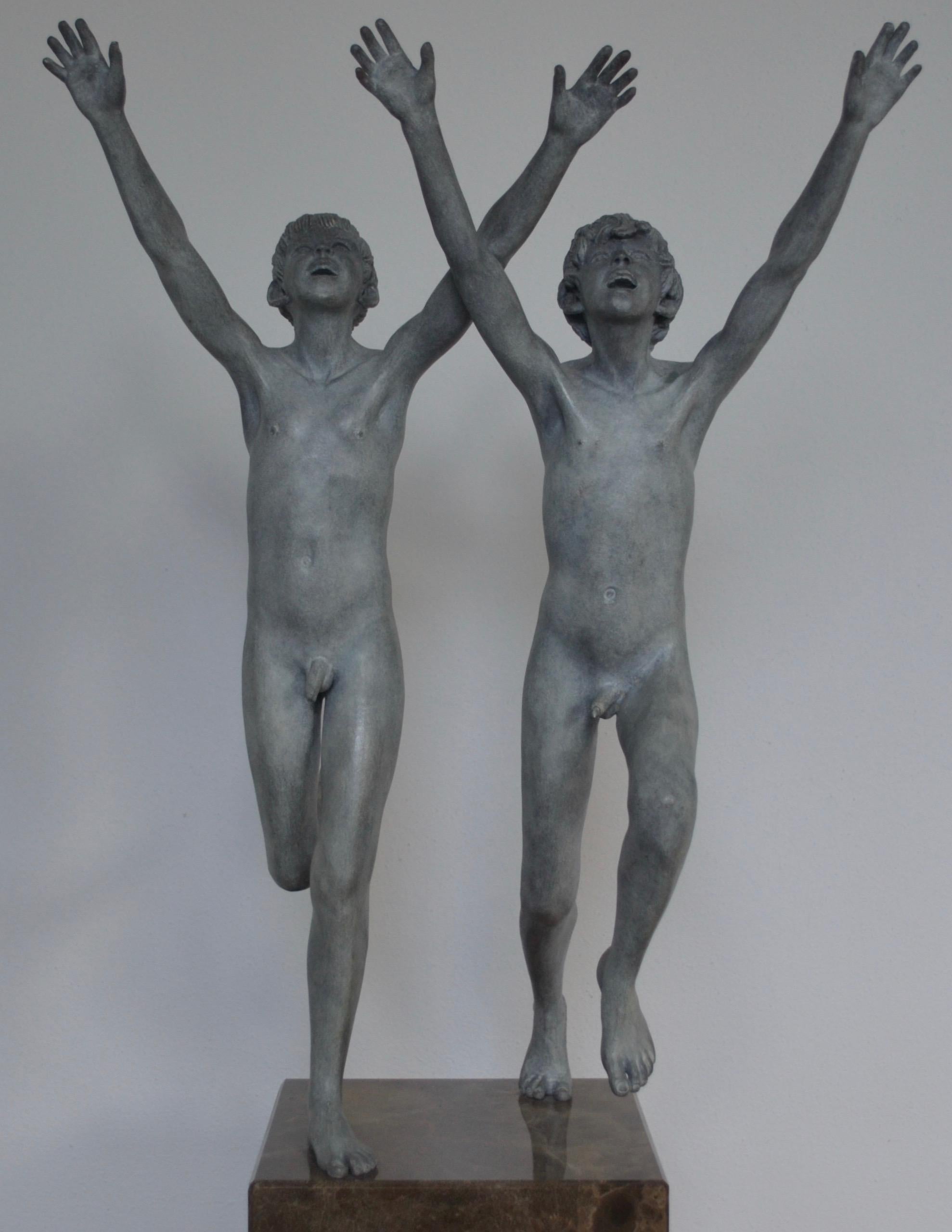 Cursus- 21st Century Contemporary Bronze Sculpture of Two Nude Running Boys