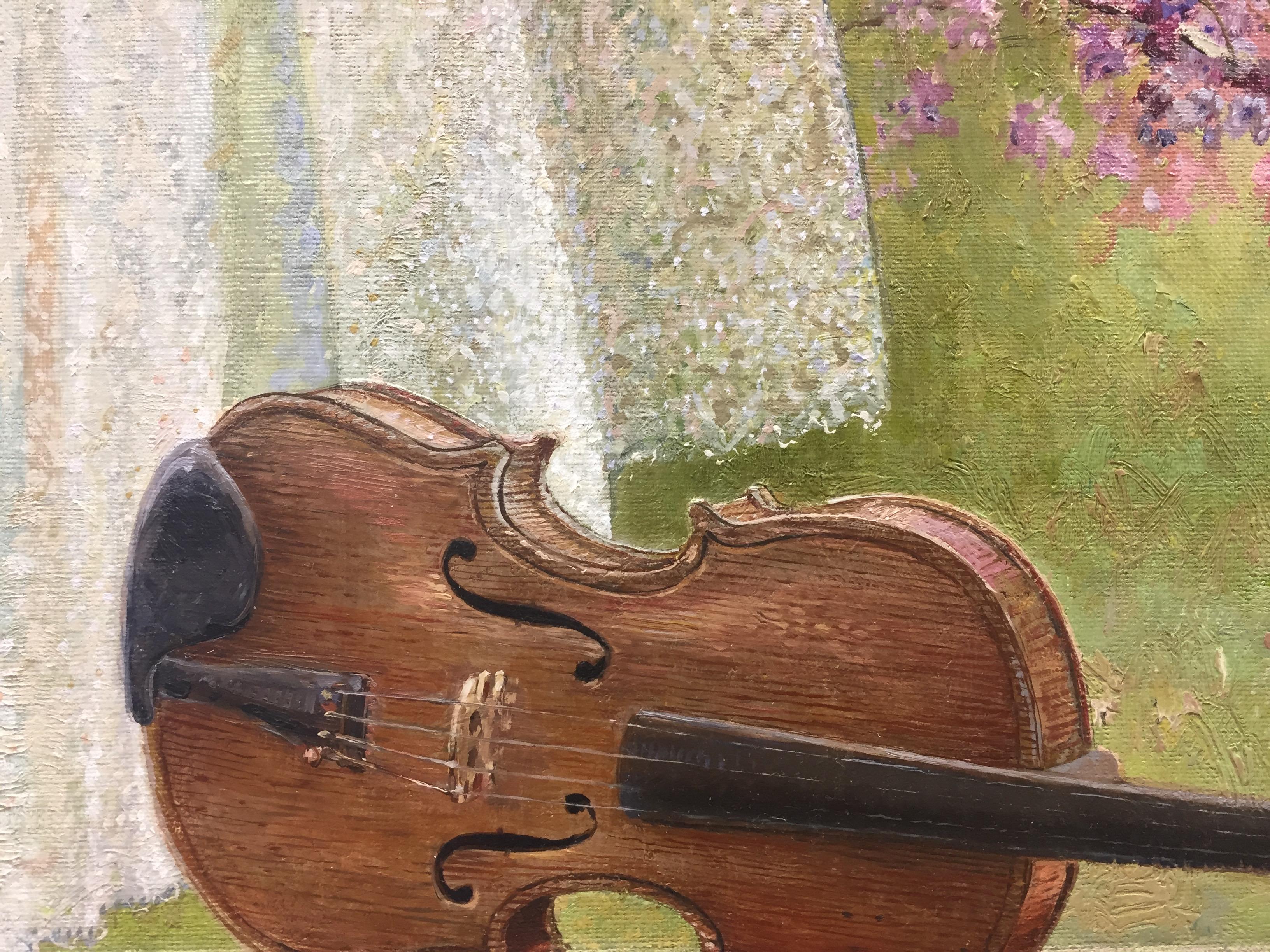 Violin in the Window, View on Japanese Kerd- 21st Century Contemporary Painting  - Brown Landscape Painting by Rein Pol