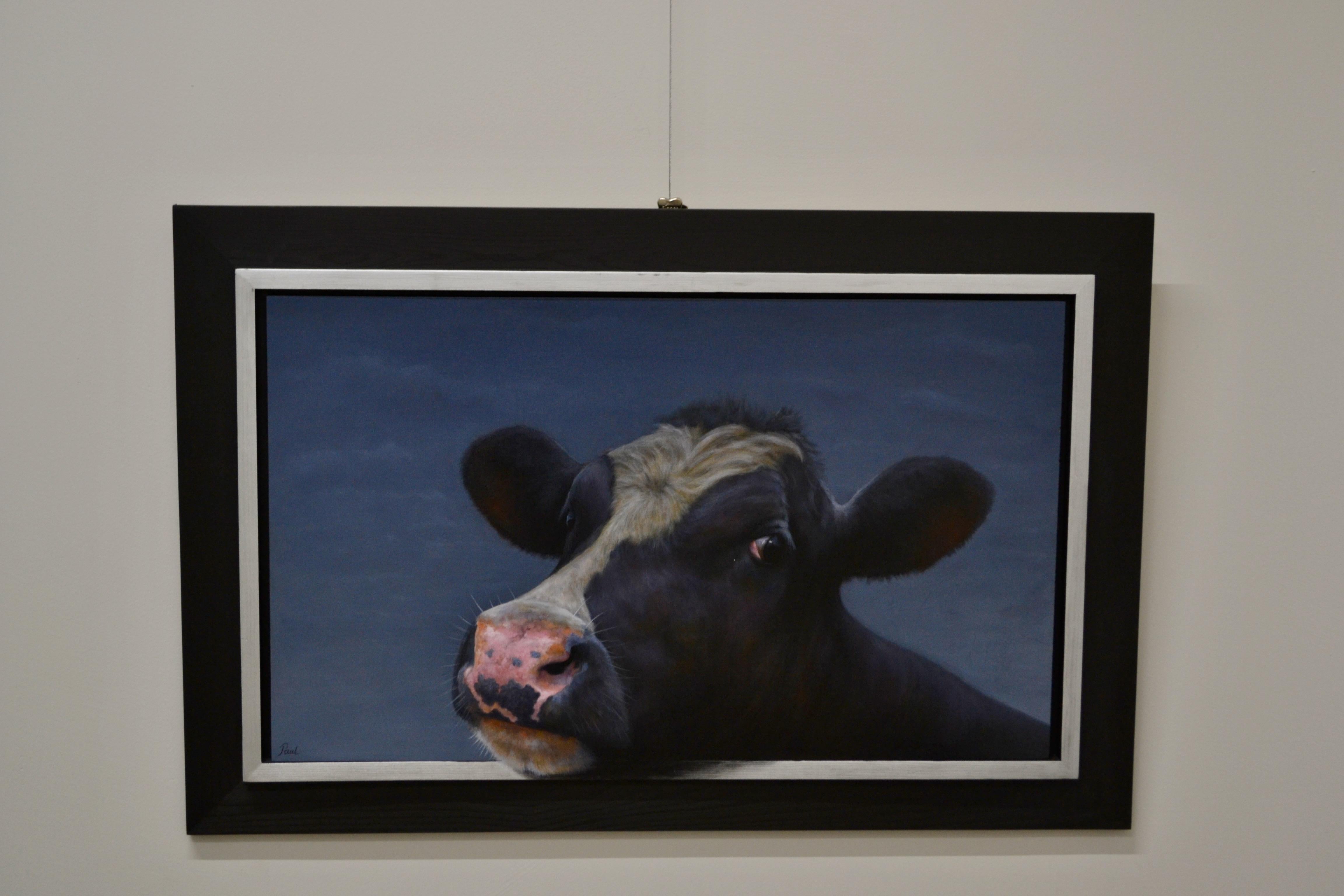Portrait of a Cow -21st Century Contemporary Dutch Portrait Painting of a Cow - Black Animal Painting by Paul Jansen