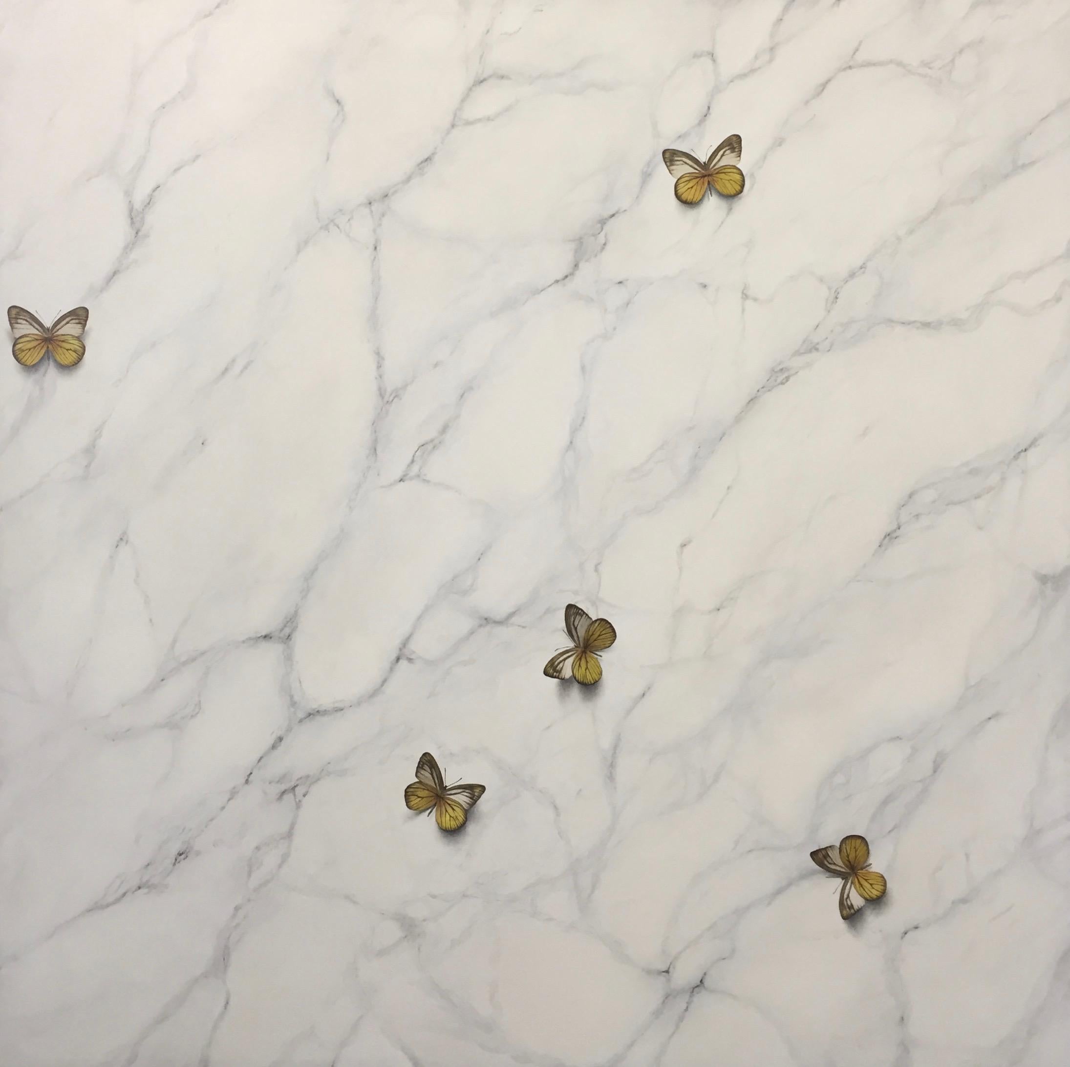 David Christiaan Still-Life Painting – It Just Feels Right- 21st Century Contemporary Painting of Butterflies on Marble