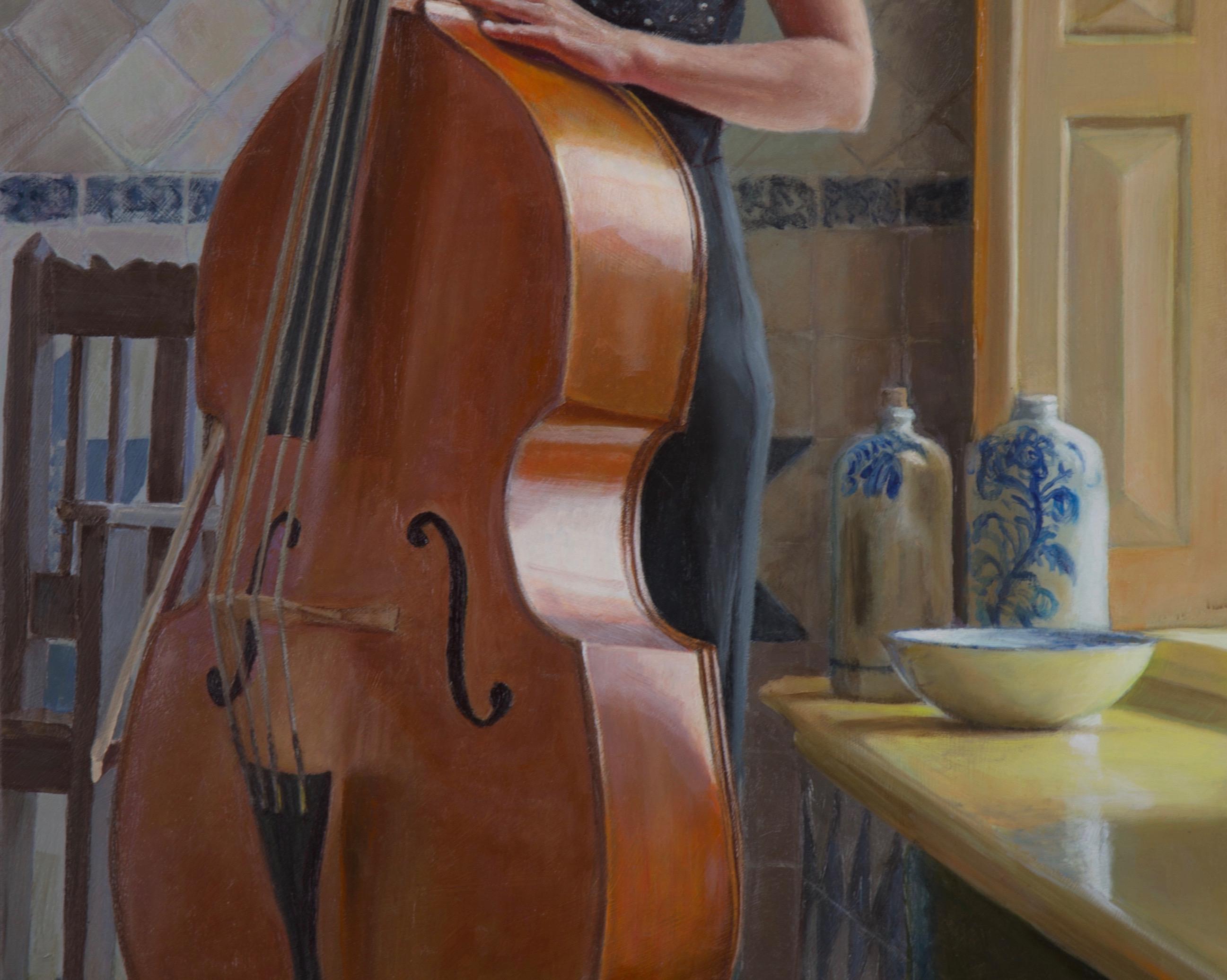 Woman with her Double Bass in Dutch Interior- 21st Century Contemporary Painting - Black Interior Painting by Marten Huitsing