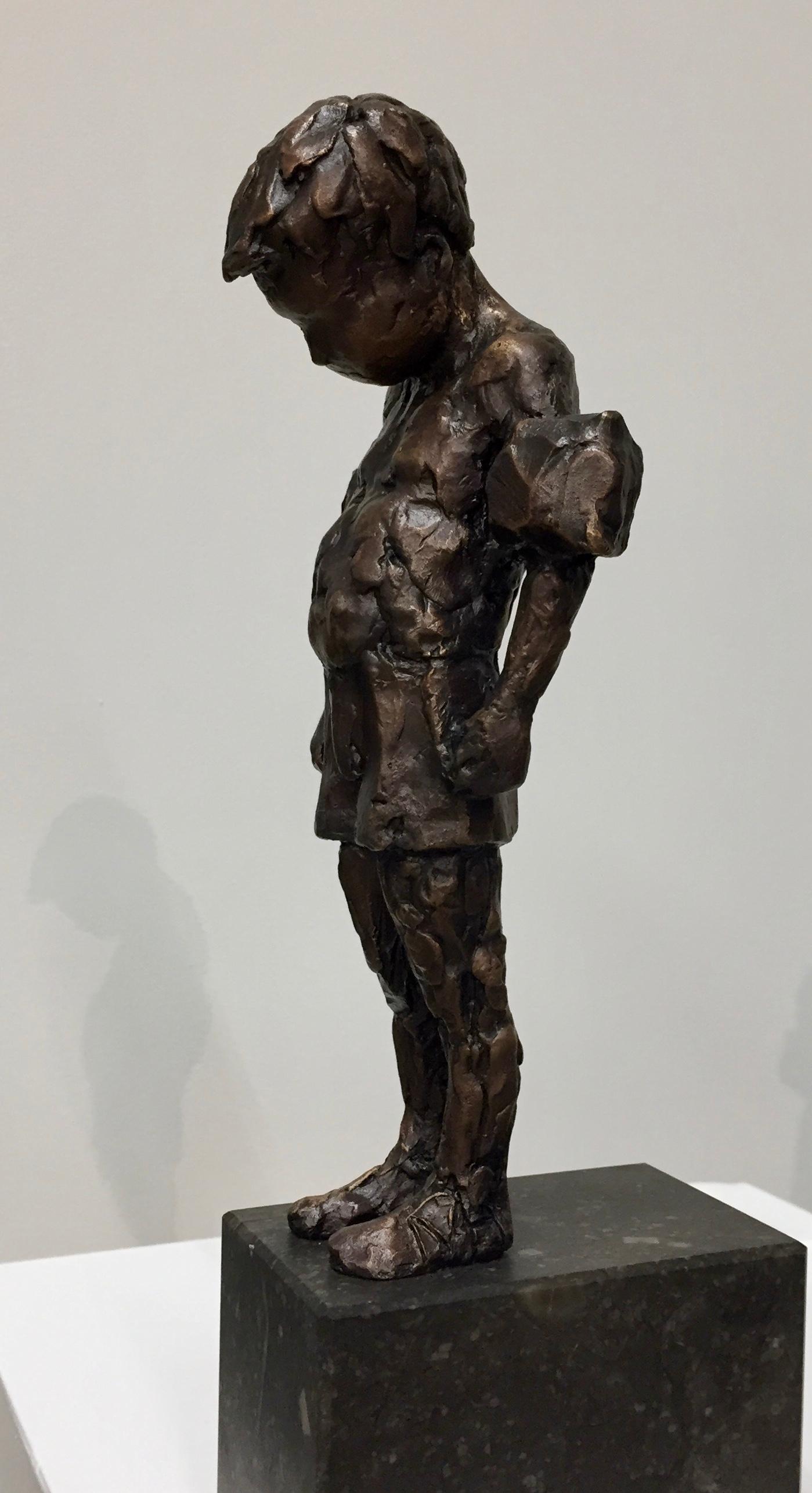 This little boy is ready for a swim.. . Made in bronze, number 2/6, on a smal natural stone pedestal.

About the artist:

For Mieke Heitling body language is a huge source of inspiration.
Especially the moment when people think they are unconscious,