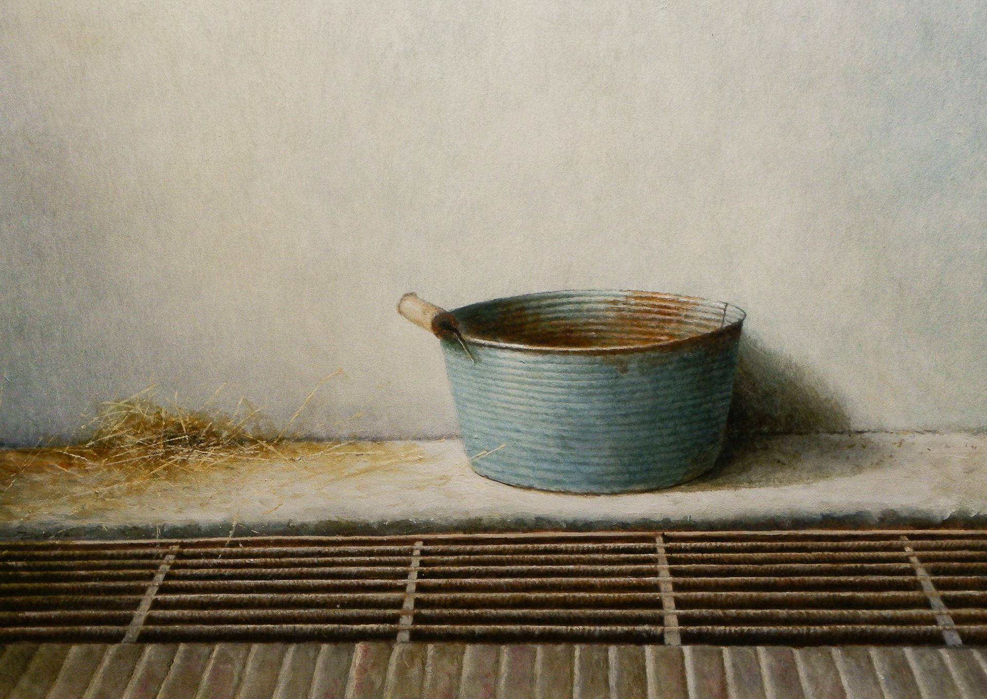 Erik Zwaga Still-Life Painting - Metal bin in a stable- 21st Century Contemporary Still-life Painting 