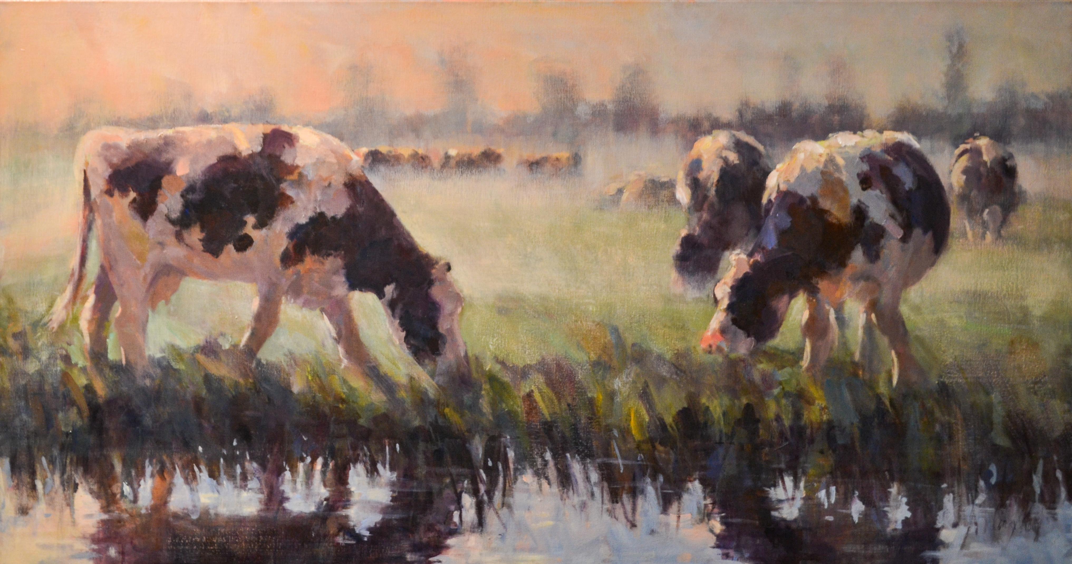 Corry Kooy Animal Painting - Dutch Cows- 21st Century Contemporary Dutch Landscape Painting with Cows 