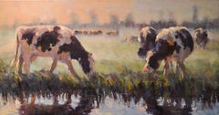 Vaches hollandaises - 21e siècle Peinture de paysage hollandaise contemporaine avec vaches 