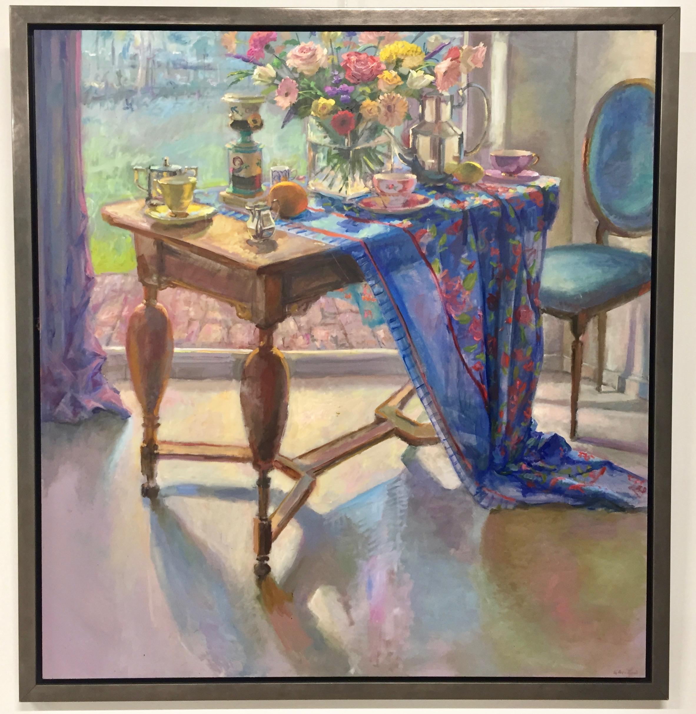 Tisch mit blauem Tischtuch an einem Sommertag - Zeitgenössische Malerei des 21.  – Painting von Keimpe van der Kooi