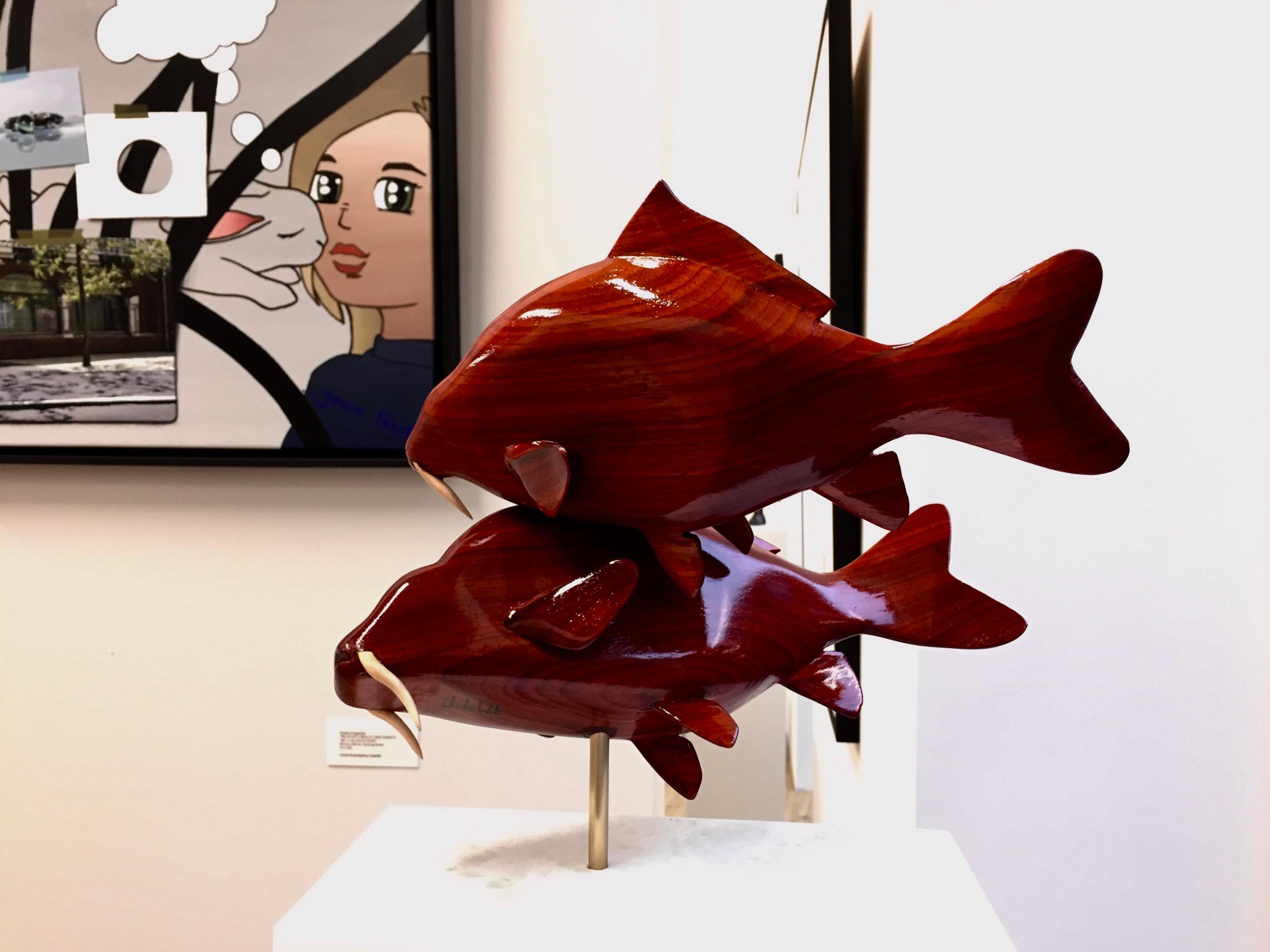 Spawning Cypry -21st Century Contemporary Sculpture of fishes out of wood 1