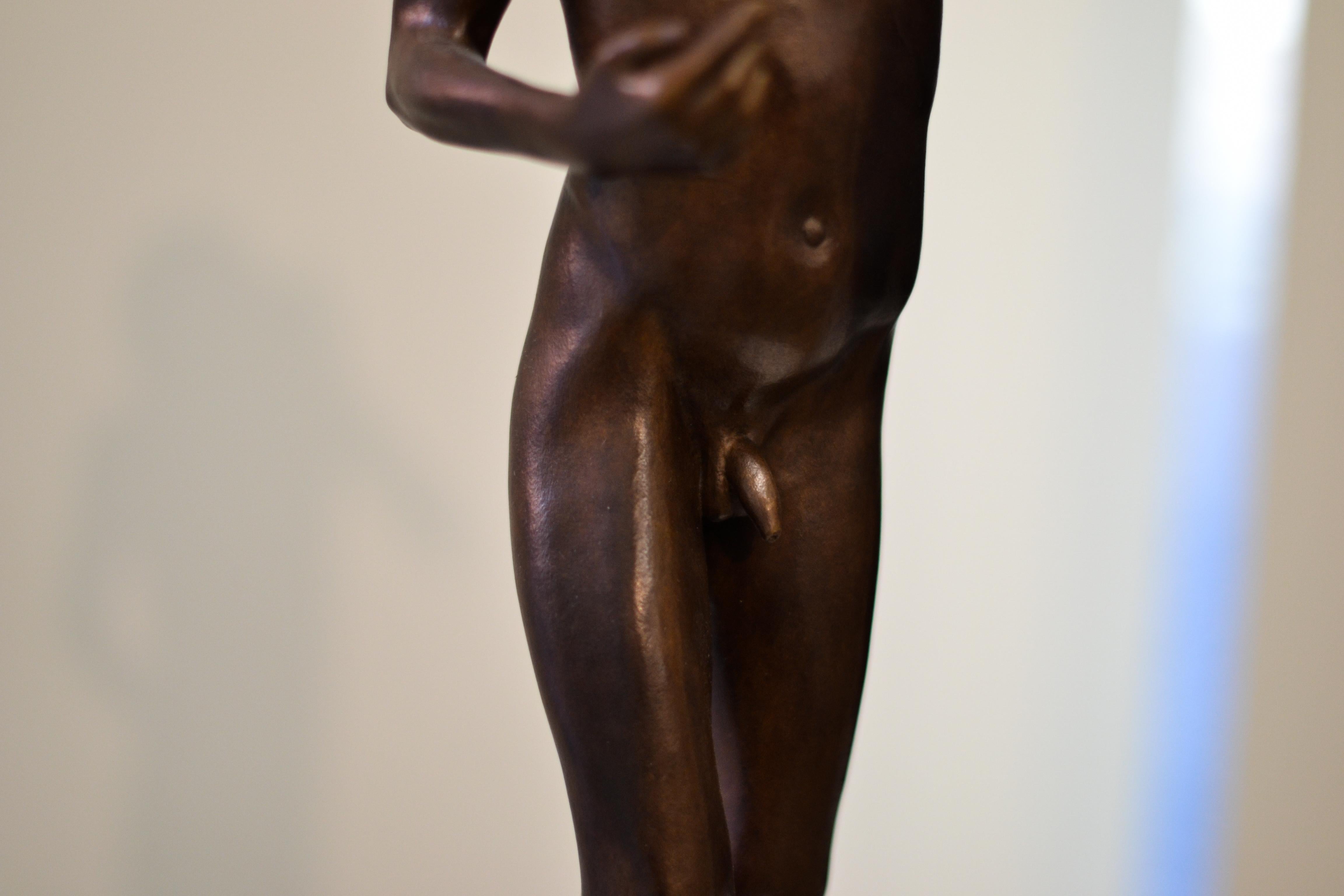 Aestus- 21st Century Bronze Sculpture of a Young Nude Boy with a Shell 2