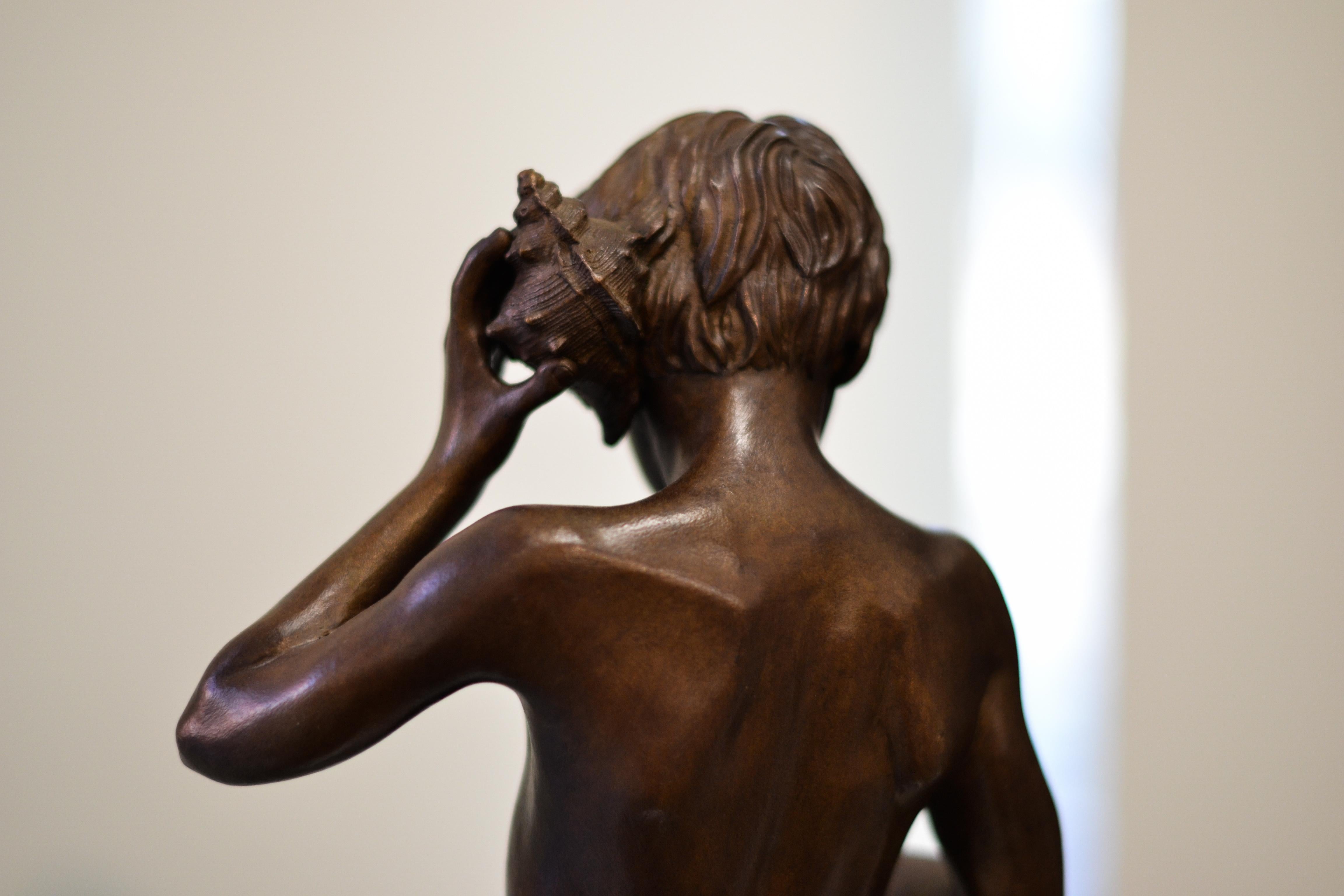 Aestus- 21st Century Bronze Sculpture of a Young Nude Boy with a Shell 5