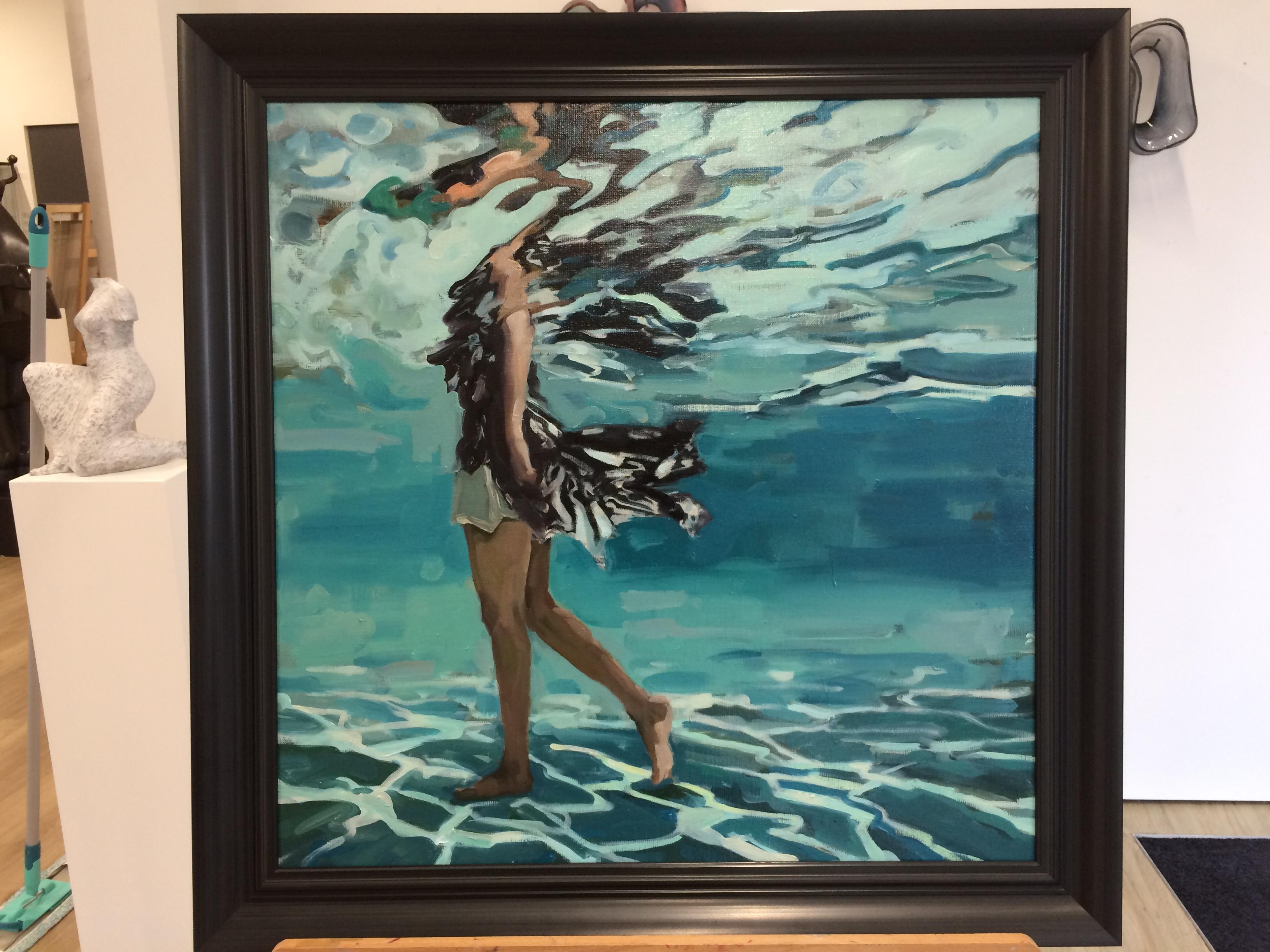 Ripples- 21st Century Contemporary Painting of a Girl Floating through the Water - Blue Landscape Painting by Jantien de Boer