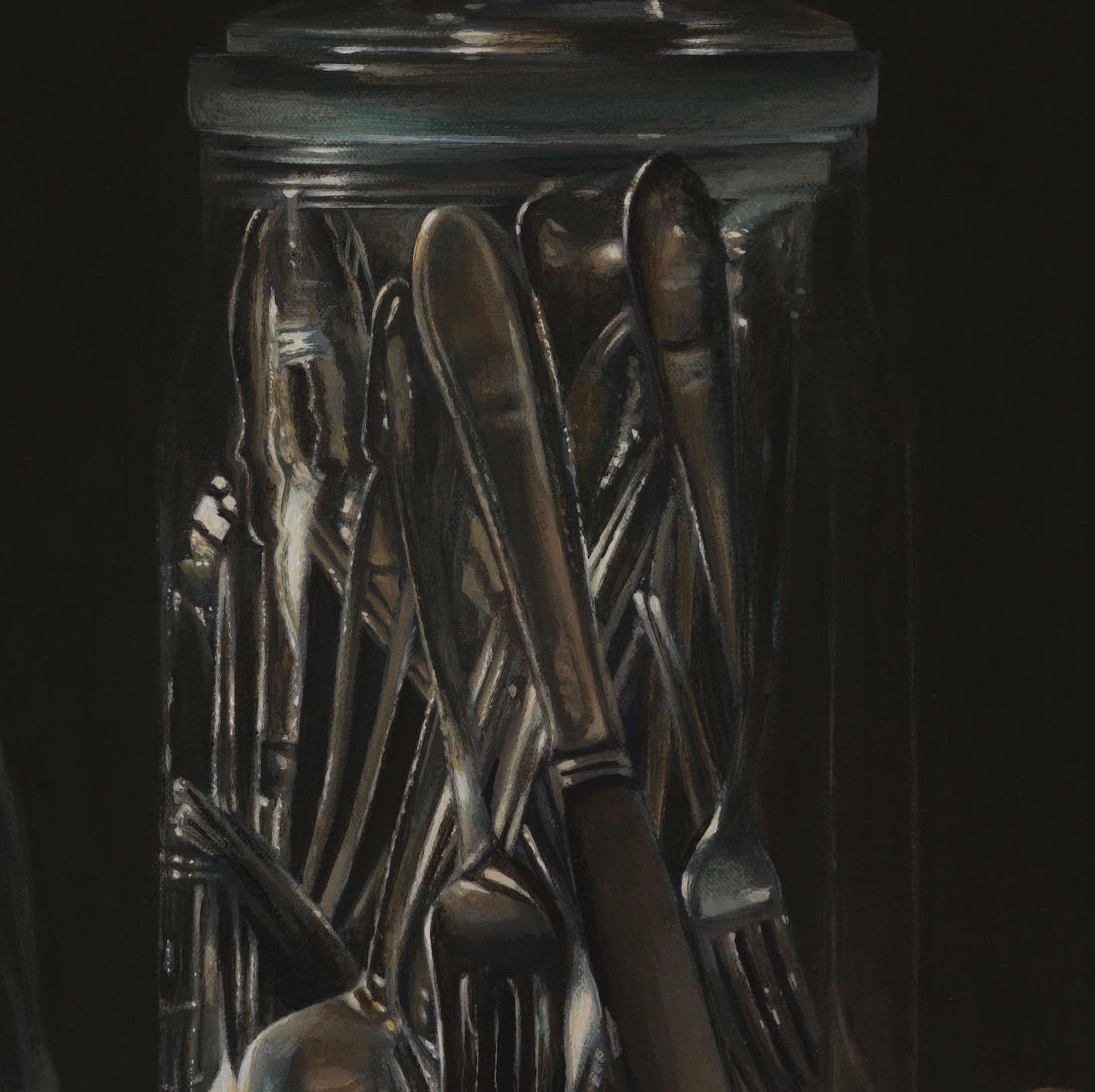 Cutlery in Jar- 21st Century Contemporary Realistic Still-life Painting  - Black Still-Life Painting by Heidi von Faber