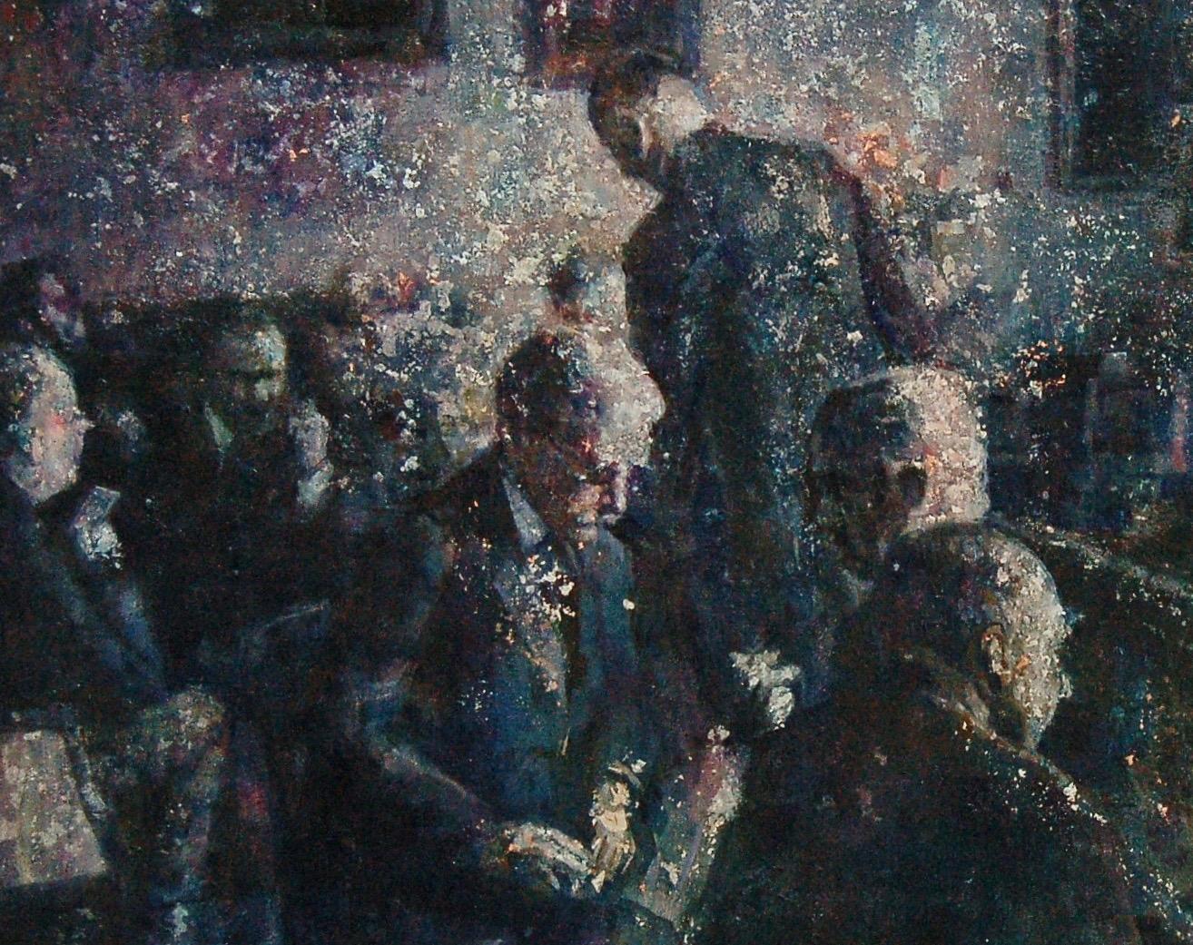 Zeitgenössisches Gemälde eines versetzten Mannes aus dem 21. Jahrhundert  Die Lampe ist mit Deckel versehen  Mit Menschen zusammenarbeiten (Silber), Figurative Painting, von Hanneke Naterop