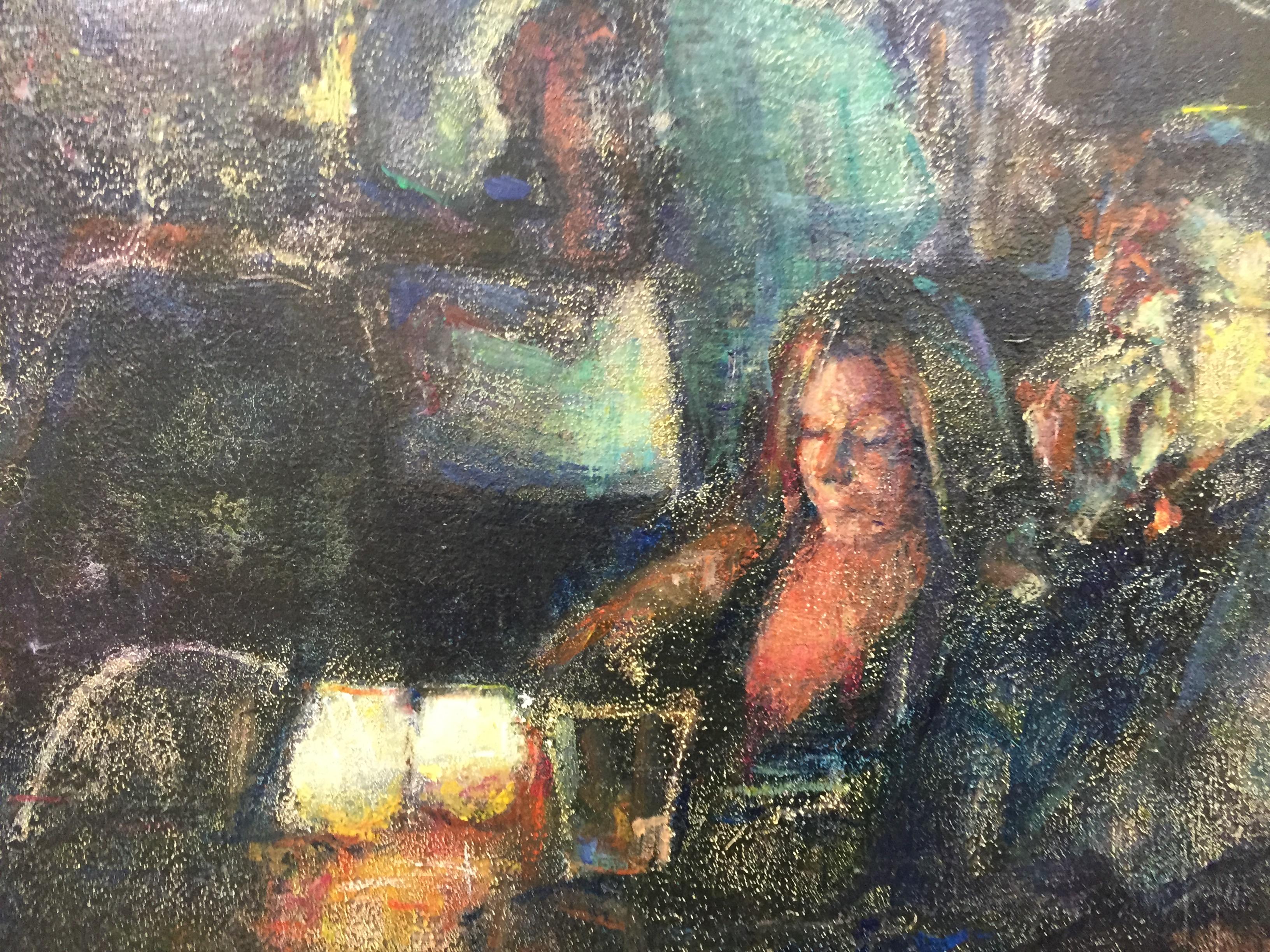 In this painting of Hanneke Naterop she catches the sphere of an evening in a bar. Something small to eat, people talking and looking away. The us of color and light is subtile and interesting, it makes you want to look more and more.

Hanneke's