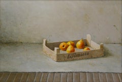 Coffret avec poires - Peinture de nature morte contemporaine du 21e siècle