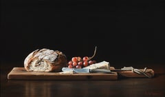 Bread, Cheese & Grapes- 21st Century Contemporary Realistic Still-life Painting 