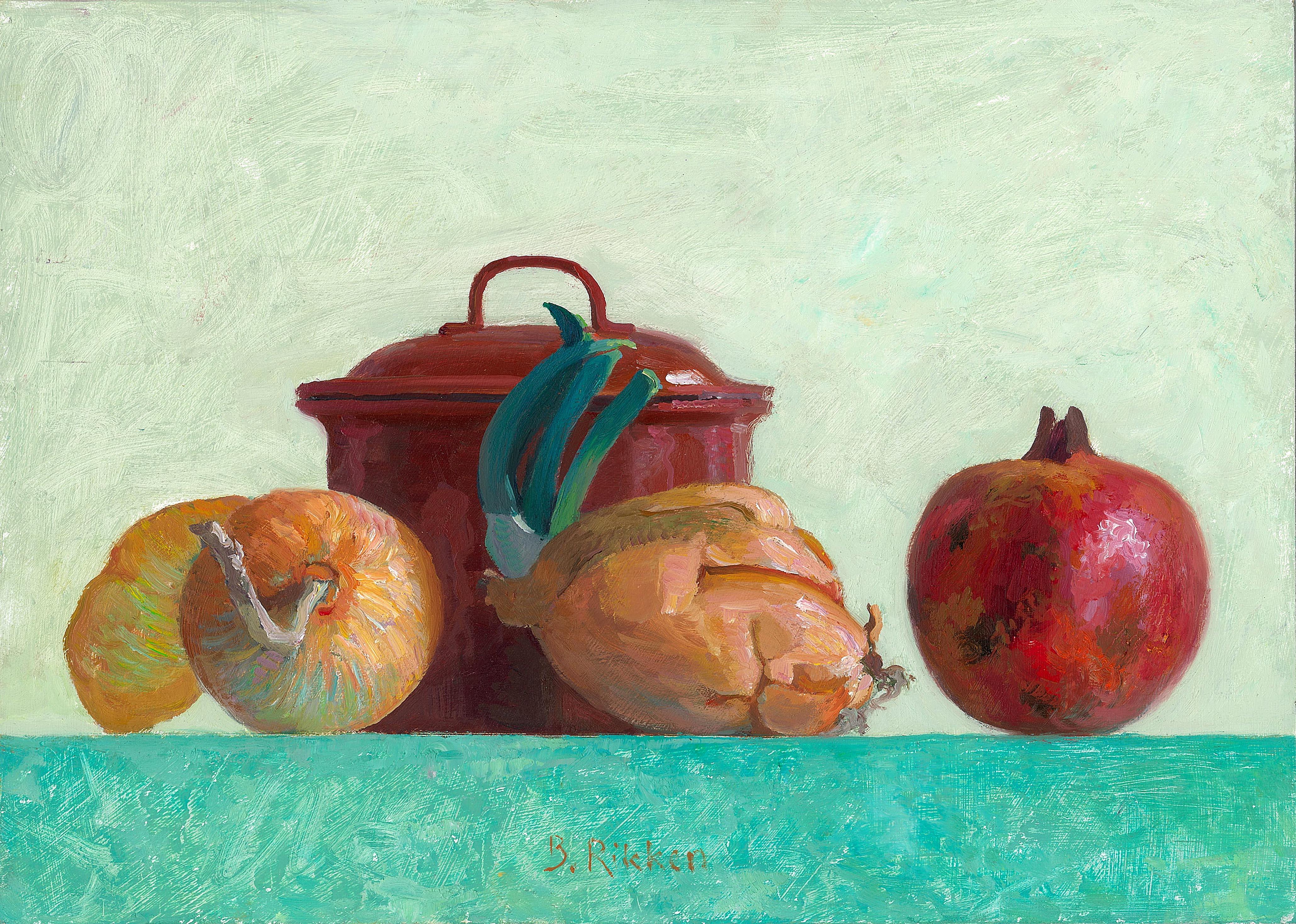 Ben Rikken Still-Life Painting - Red Jar and Onions -21st Century Contemporary Dutch Still-life Painting
