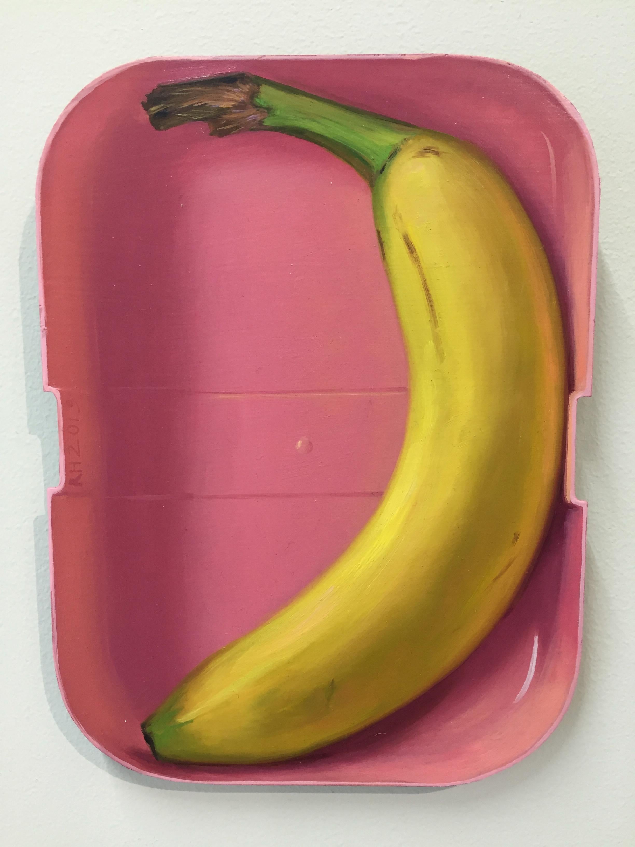 Banana in lunchbox- 21st Century Contemporary Still-life Painting of a banana - Orange Still-Life Painting by Rutger Hiemstra