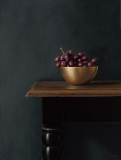 Red Grapes In Gold Bowl, Contemporary Acrylic Still-Life by Heidi Von Faber