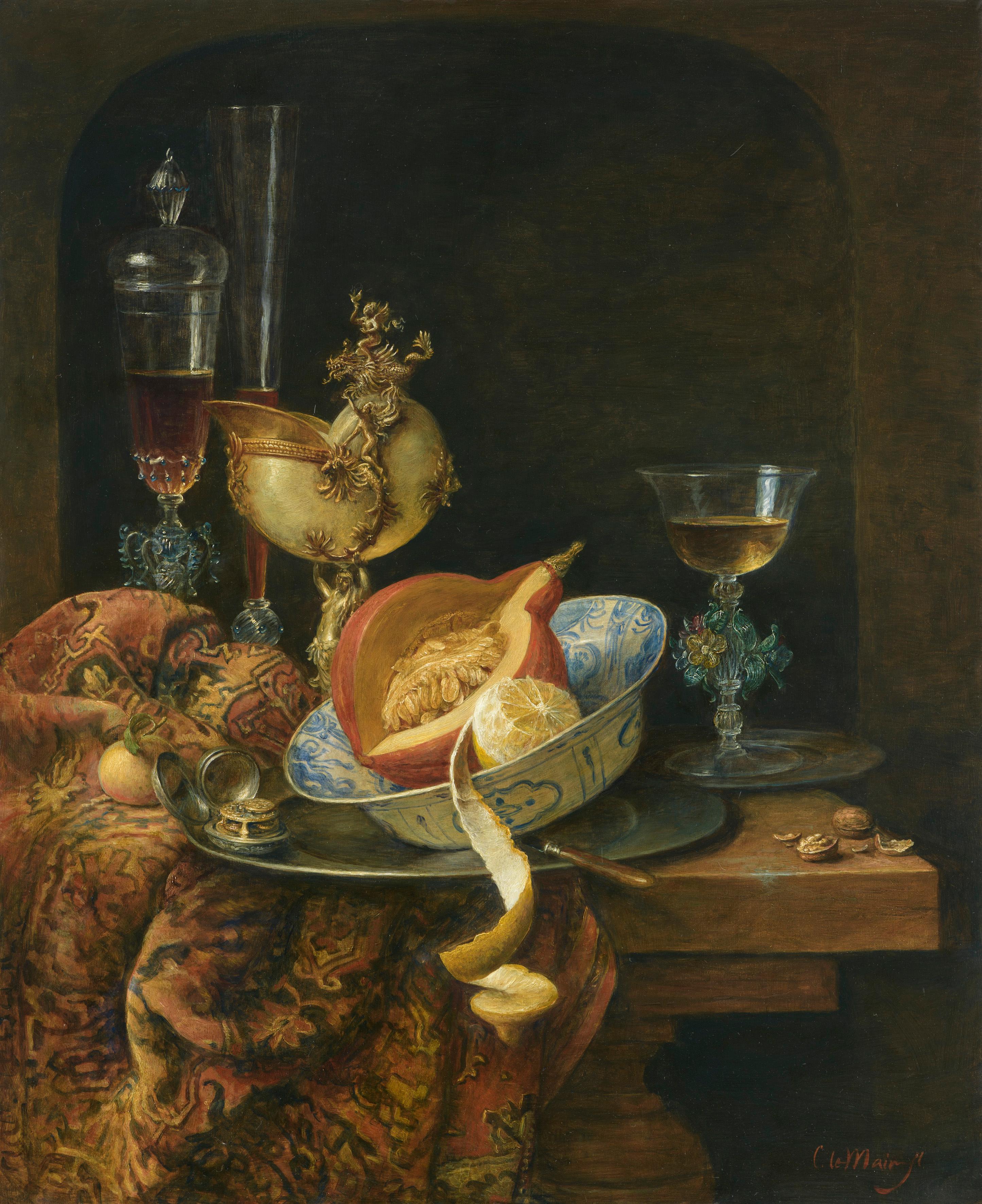 Cornelis Le Mair Still-Life Painting - Still-Life with Nautulus Cup and Chinese Bowl with Pumpkin, by Cornelis le Mair 