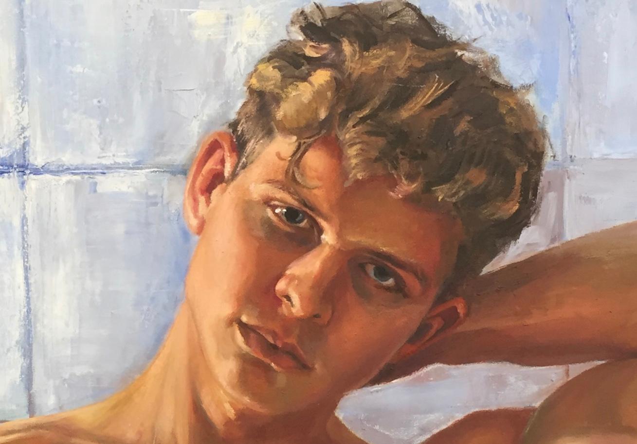 Heroes- 21. Jahrhundert Gemälde eines Jungen vor dem Spiegel – Painting von David van der Linden