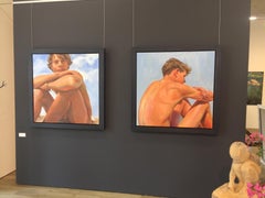 Boys keep Swinging III-21st Century Painting of a sitting nude boy