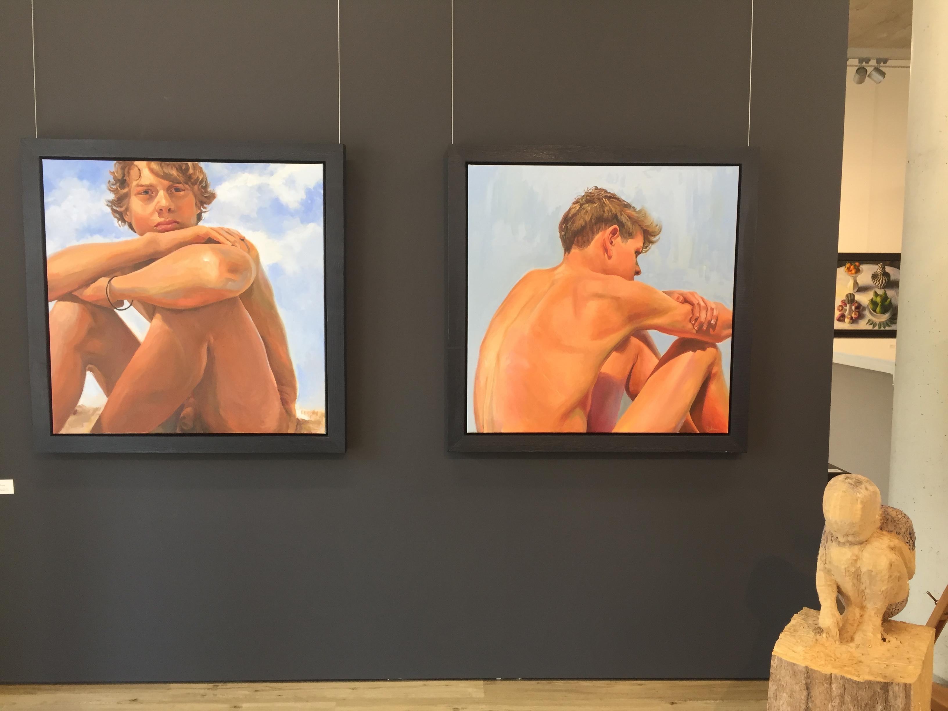 Boys keep Swinging III-21st Century Painting of a sitting nude boy - Brown Figurative Painting by David van der Linden