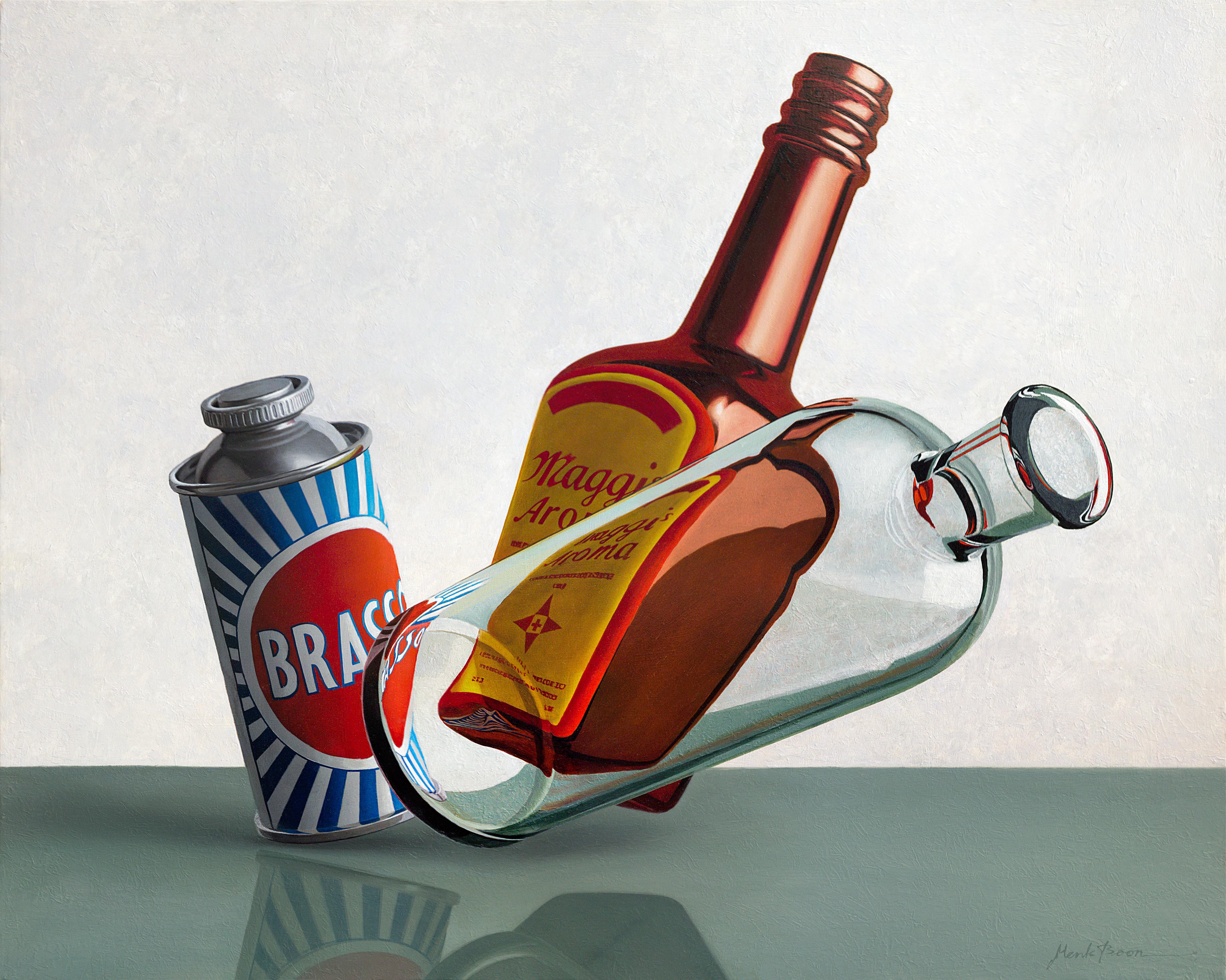Henk Boon Figurative Painting - Composition Brasso, Maggi, Bottle - 21st Century Contemporary Dutch Still-Life