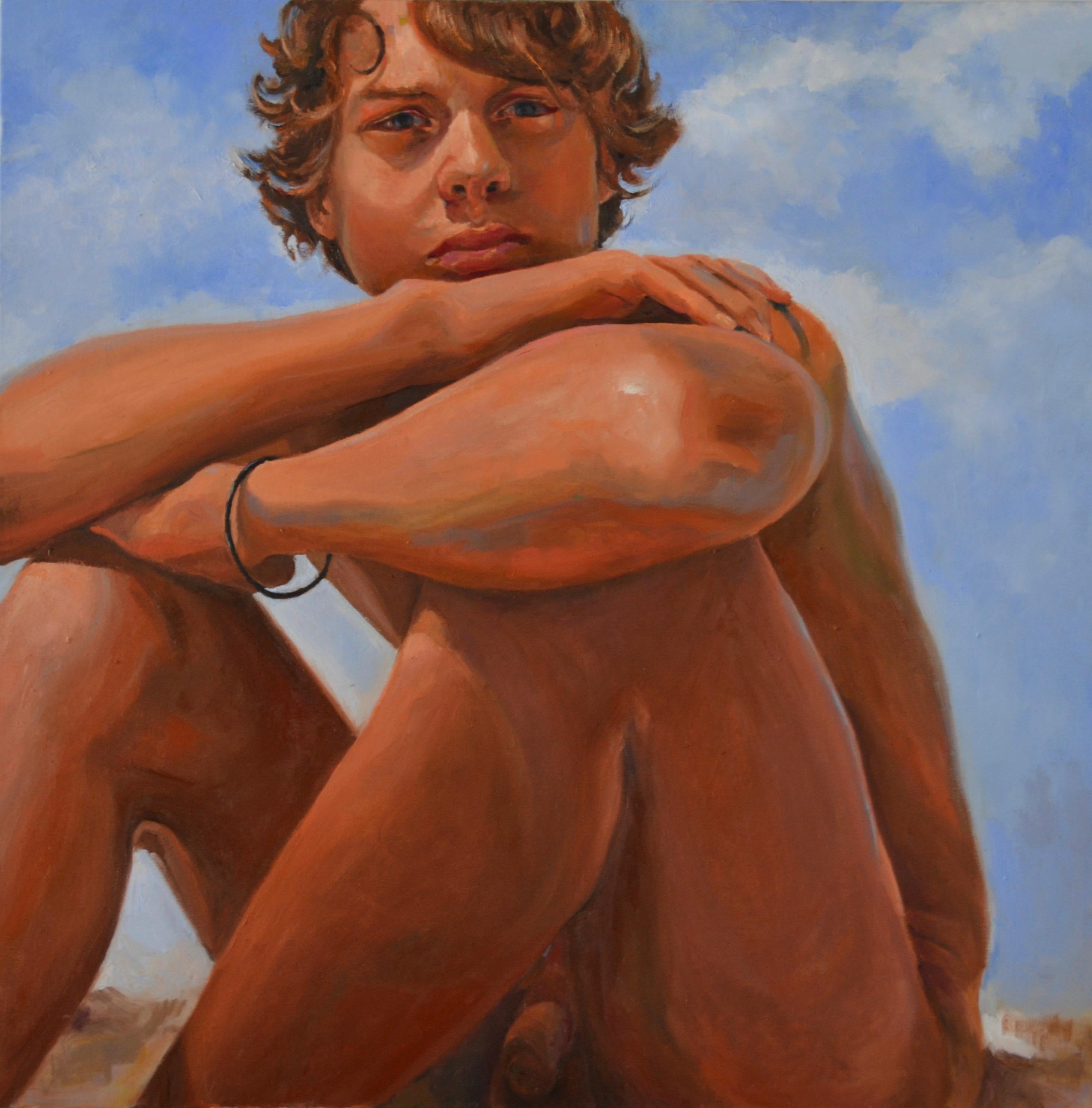 David van der Linden Figurative Painting - Boys keep Swinging I- 21st Century Dutch Contemporary Nude Painting of a Boy