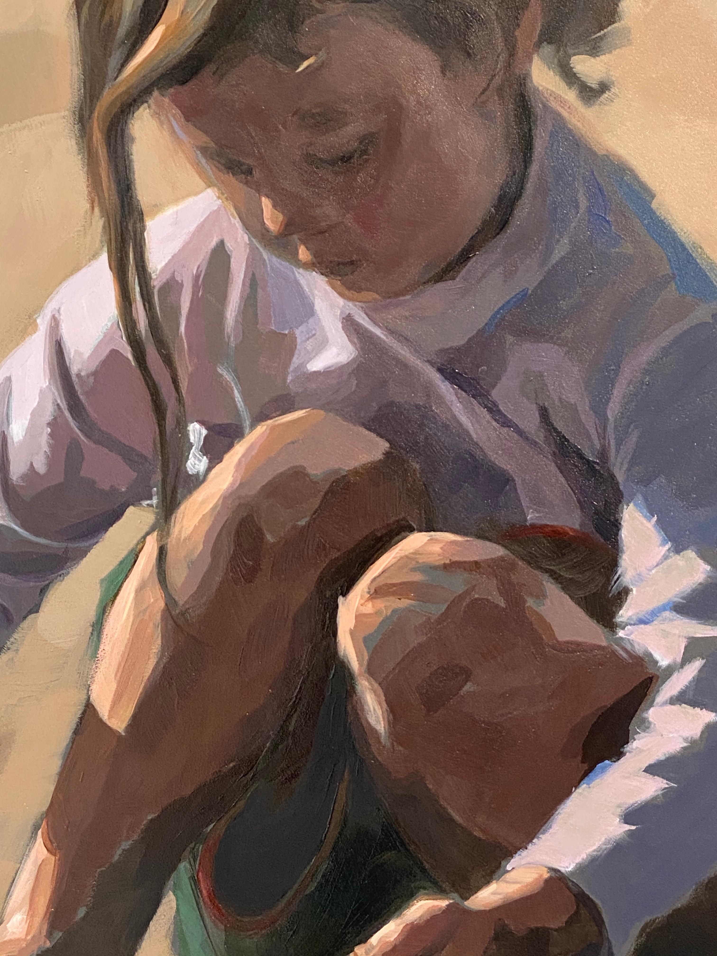 Fascination - Peinture néerlandaise du 21e siècle représentant un enfant jouant - Beige Figurative Painting par Mitzy Renooy