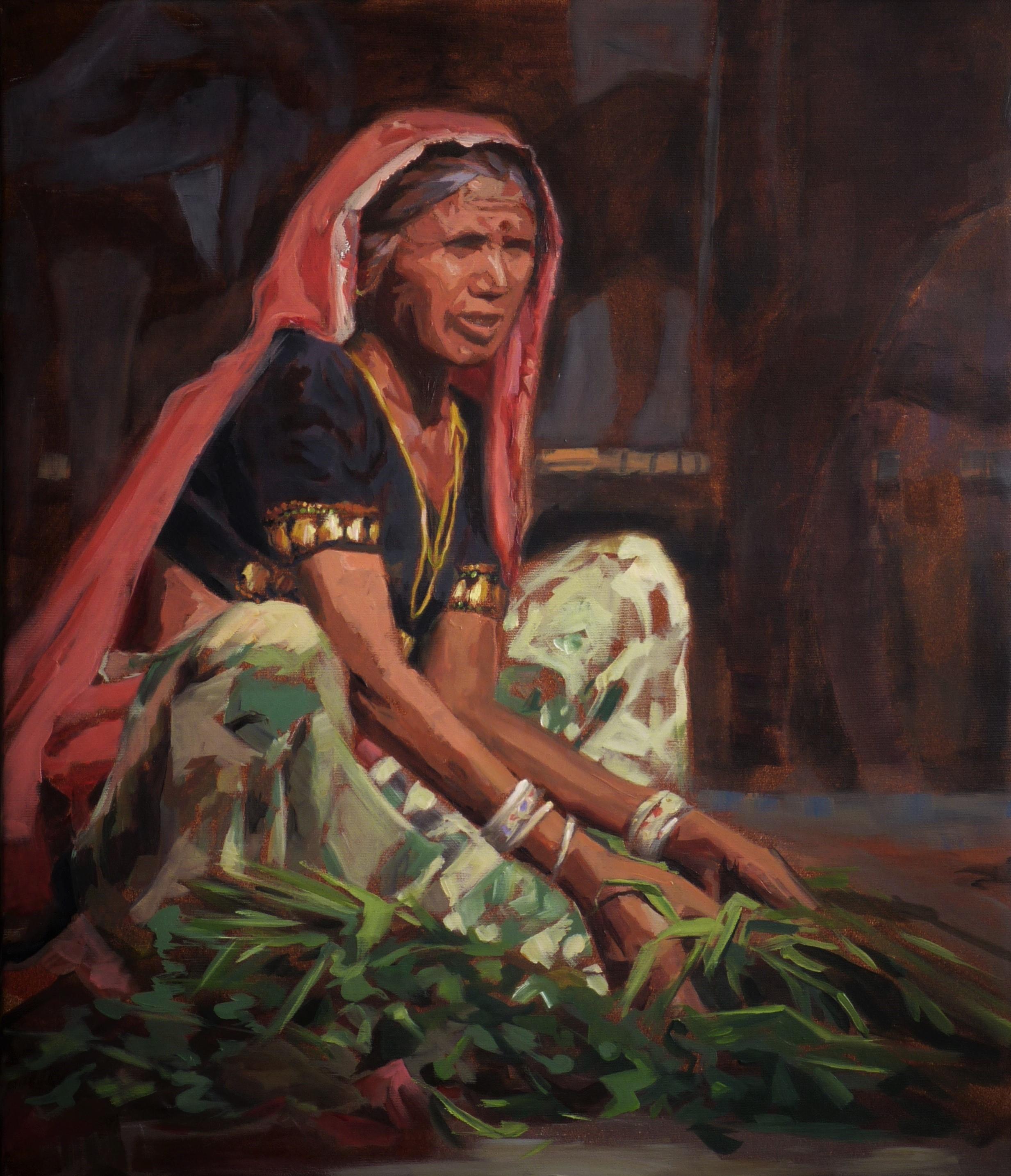 Mitzy Renooy Figurative Painting - Greens - 21st Century Contemporary Painting: a woman selling vegetables in India