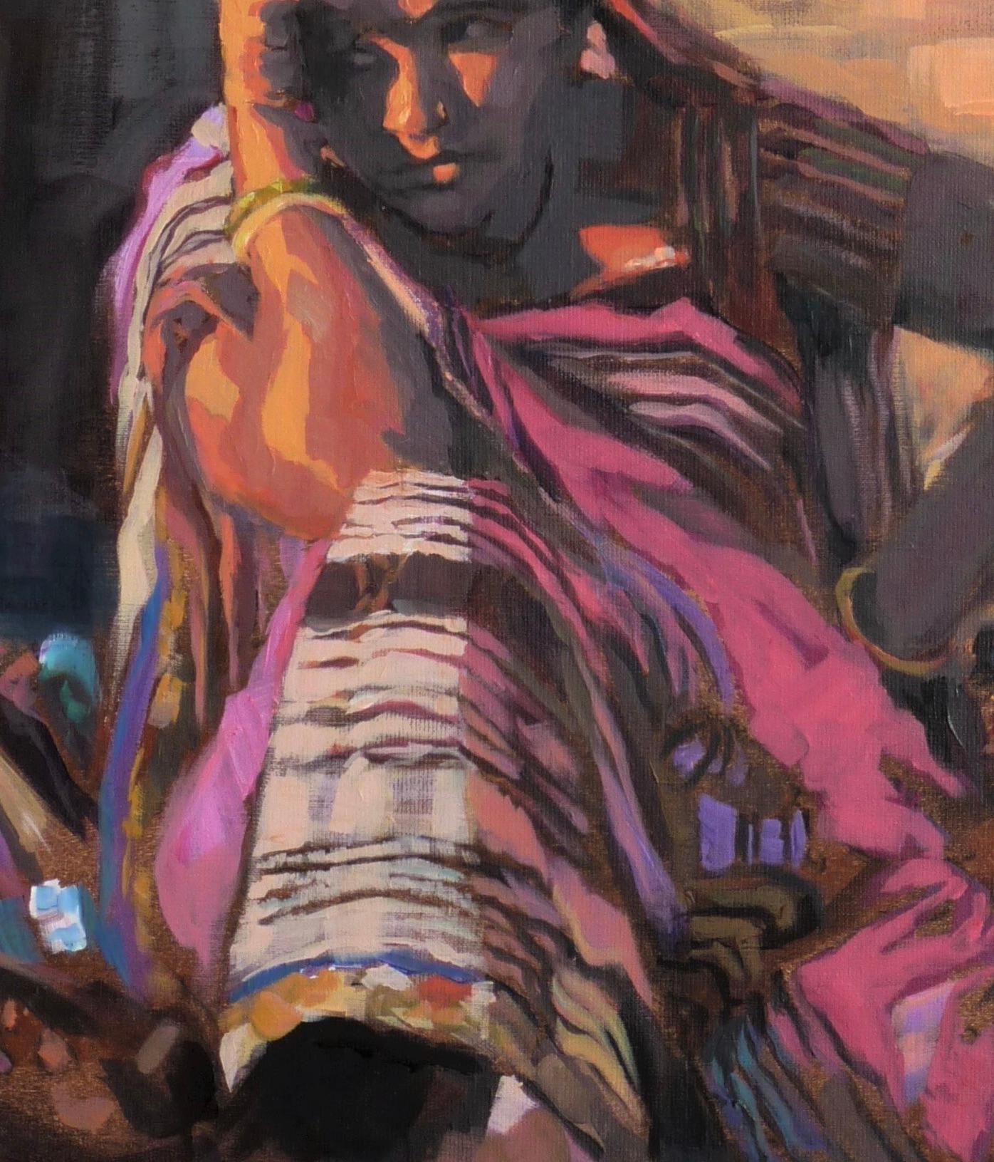 Magenta- 21st Century Painting of a colorful woman in India - Black Portrait Painting by Mitzy Renooy