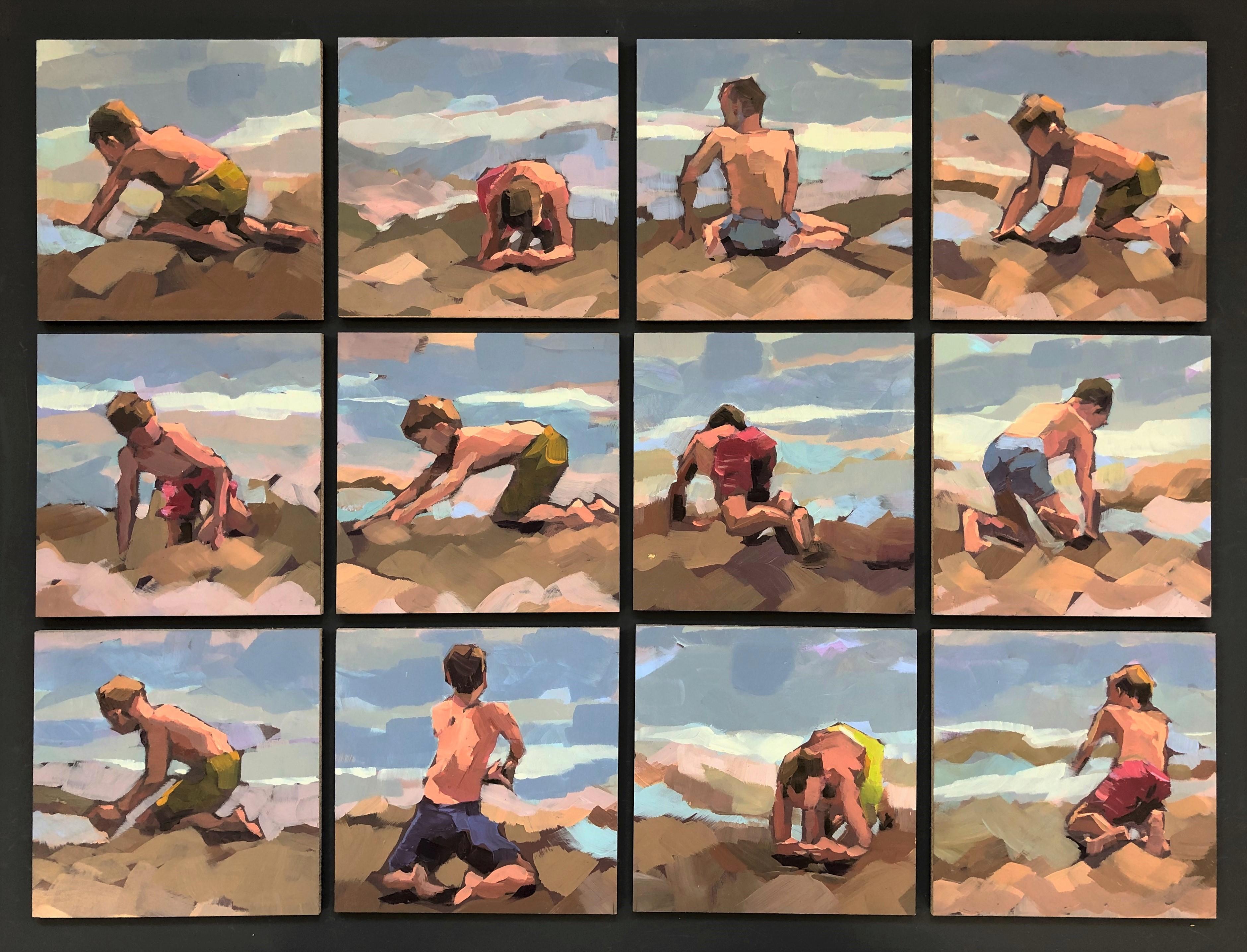 Beach Boys, 12 Small Acrylic Paintings in one frame by Dutch artist Mitzy Renooy
