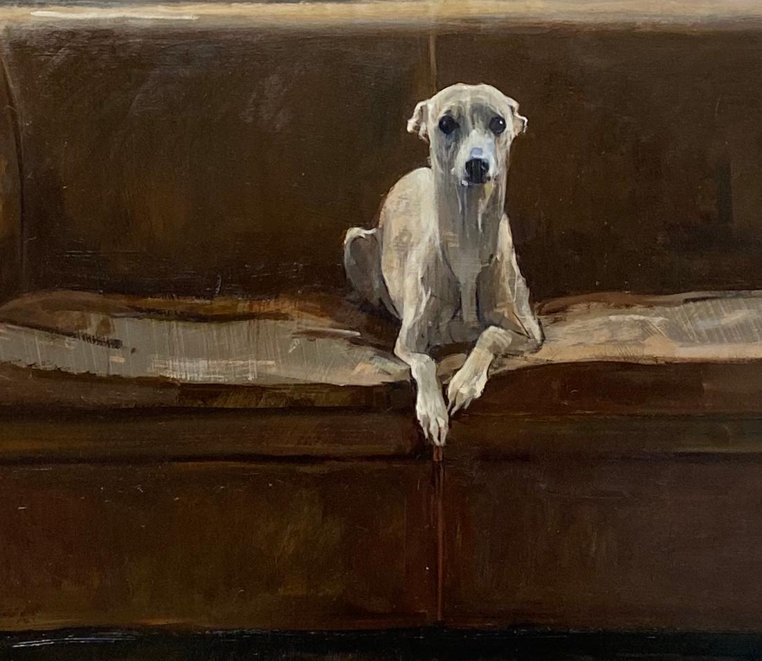 Peinture néerlandaise du 2e siècle représentant un chien sur un canapé vert de Hase - Painting de Pieter Pander