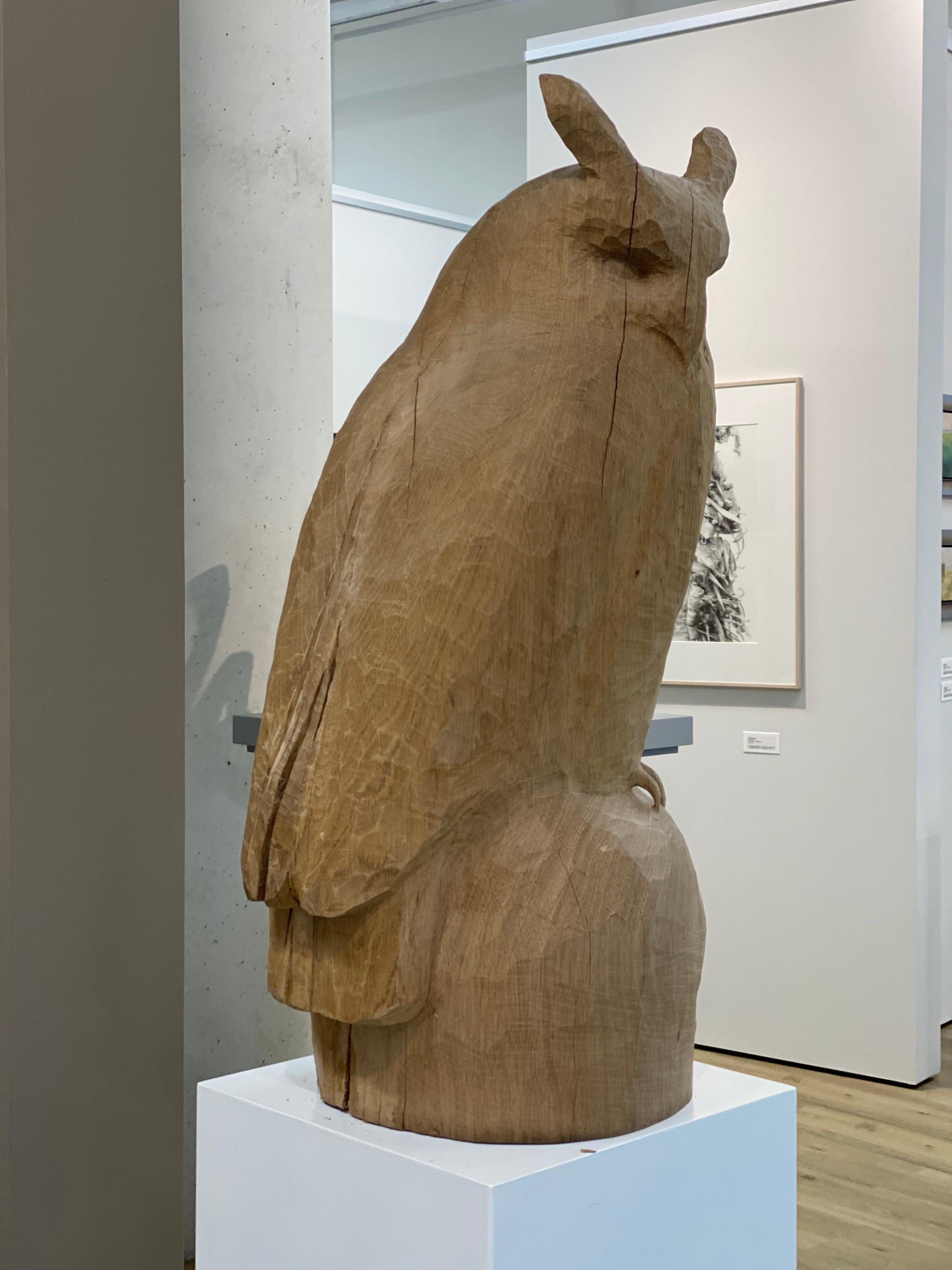 This owl is made from oak. The peace and power that both emanate from this monumental eagle owl is probably hidden in the actual format (lifelike) and the deep-set eye sockets. Beautiful and lifelike.

Jaap Deelder has exhibited at the Bonnard