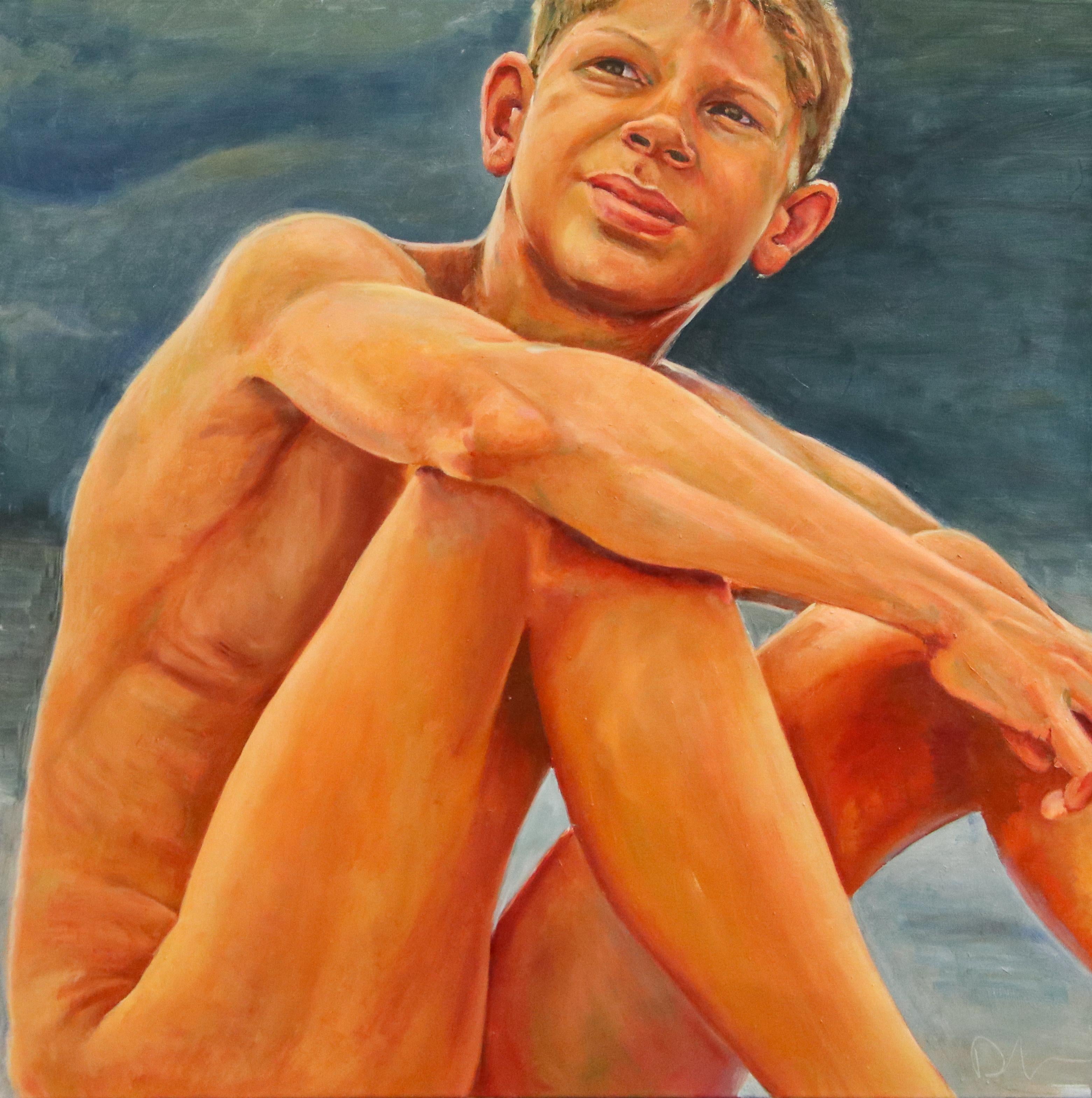 David van der Linden Figurative Painting - Boys keep Swinging VI- 21st Century Contemporary Nude Painting of a boy
