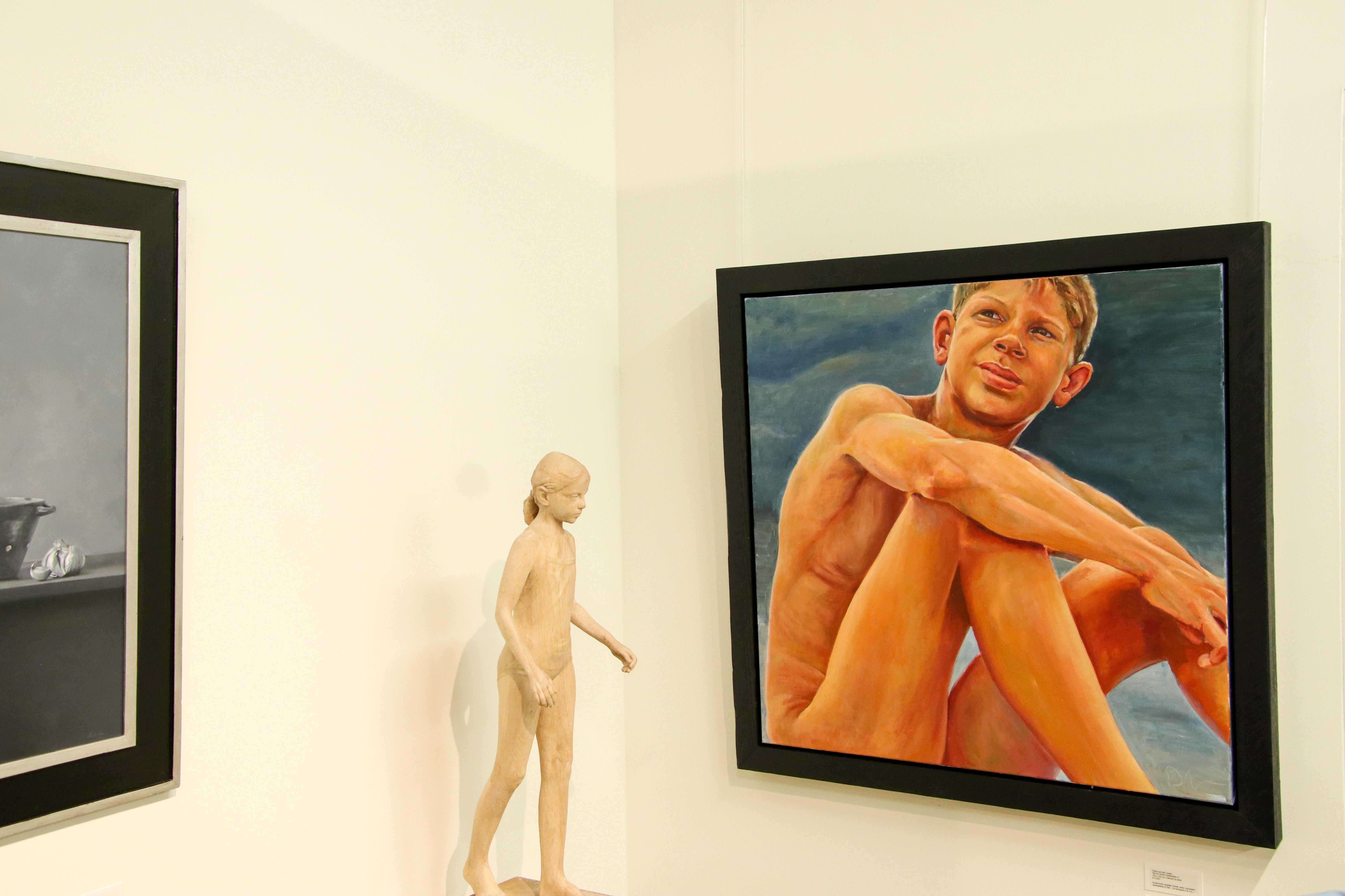 Boys keep Swinging VI- 21st Century Contemporary Nude Painting of a boy - Brown Figurative Painting by David van der Linden