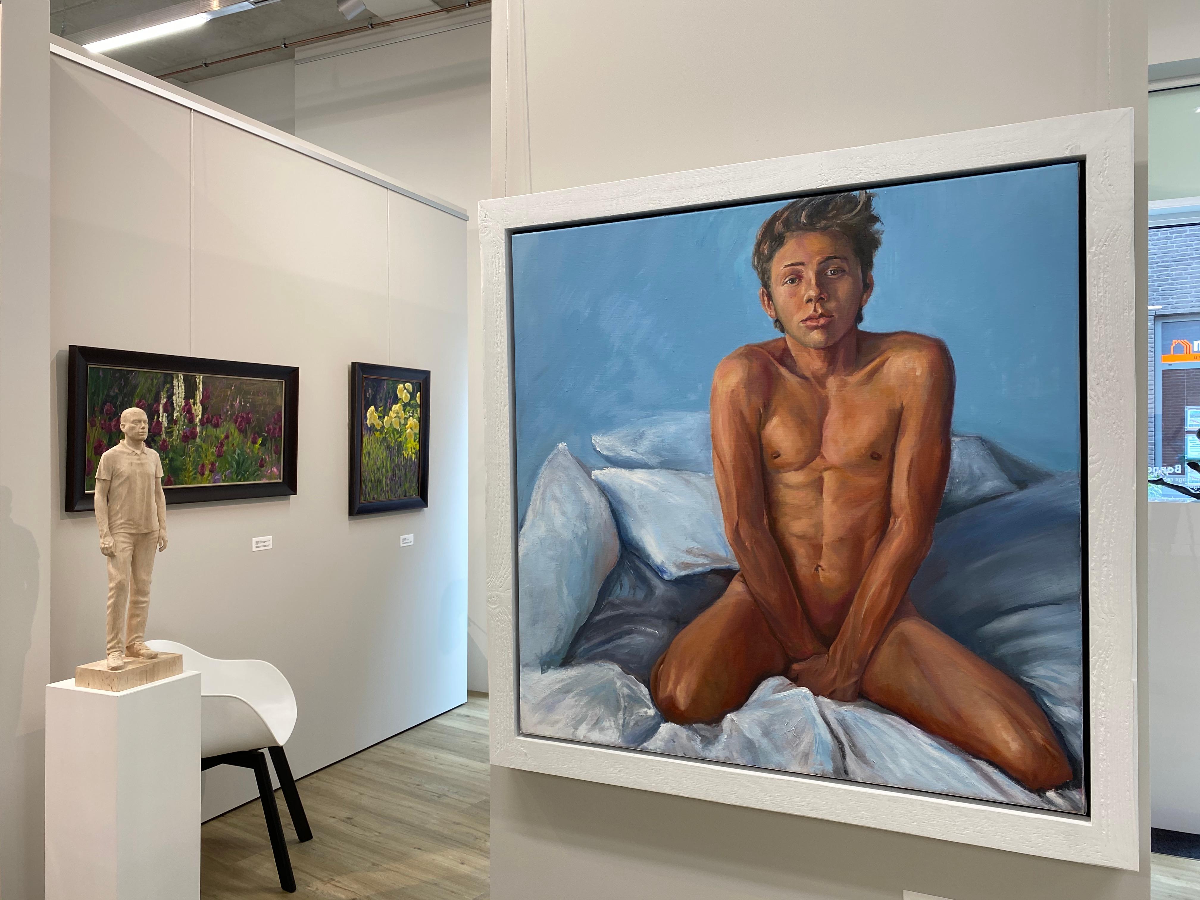 Bedroom-21st Century Figurative painting of a nude boy  - Painting by David van der Linden