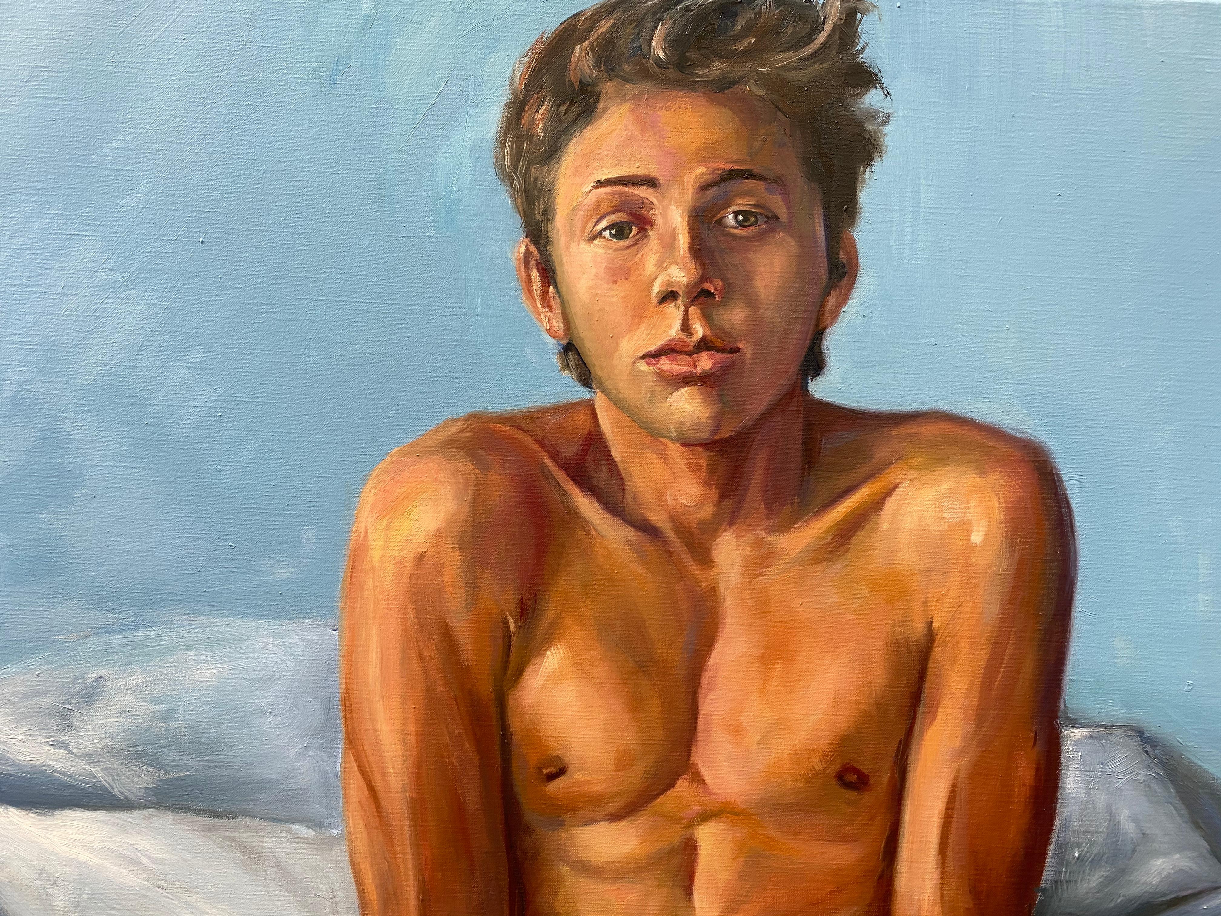 Bedroom-21st Century Figurative painting of a nude boy  - Contemporary Painting by David van der Linden