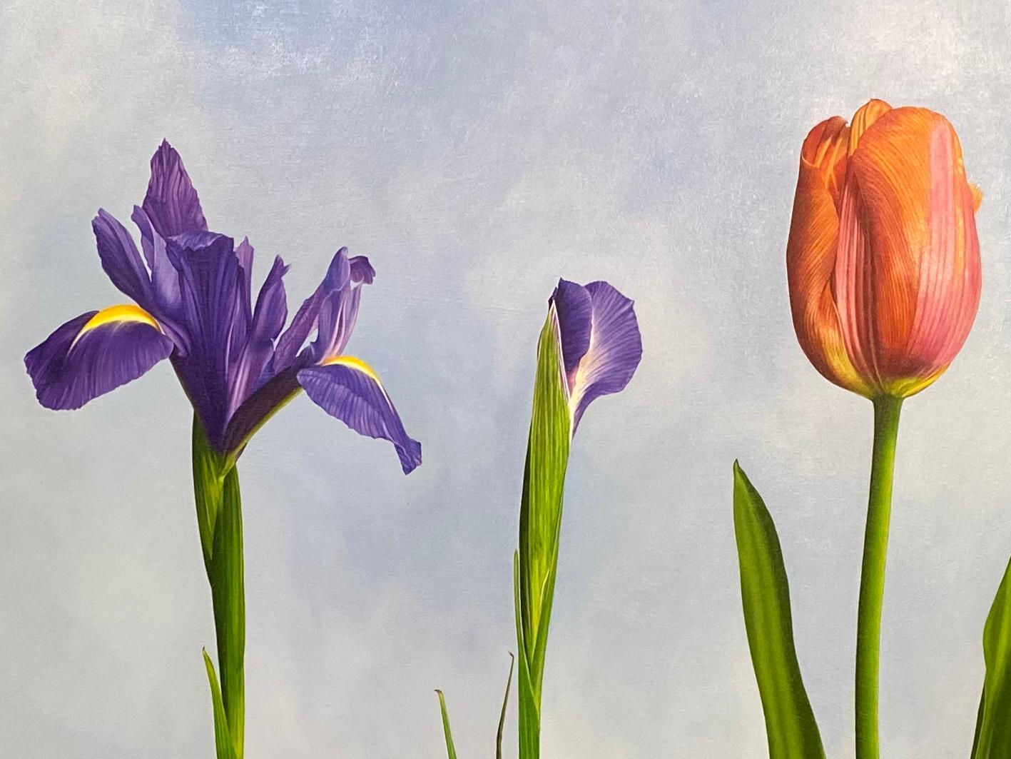 5 Irises and 1 Tulip- 21st Century Oilpainting of flowers in bright colors - Contemporary Painting by JP Marsman