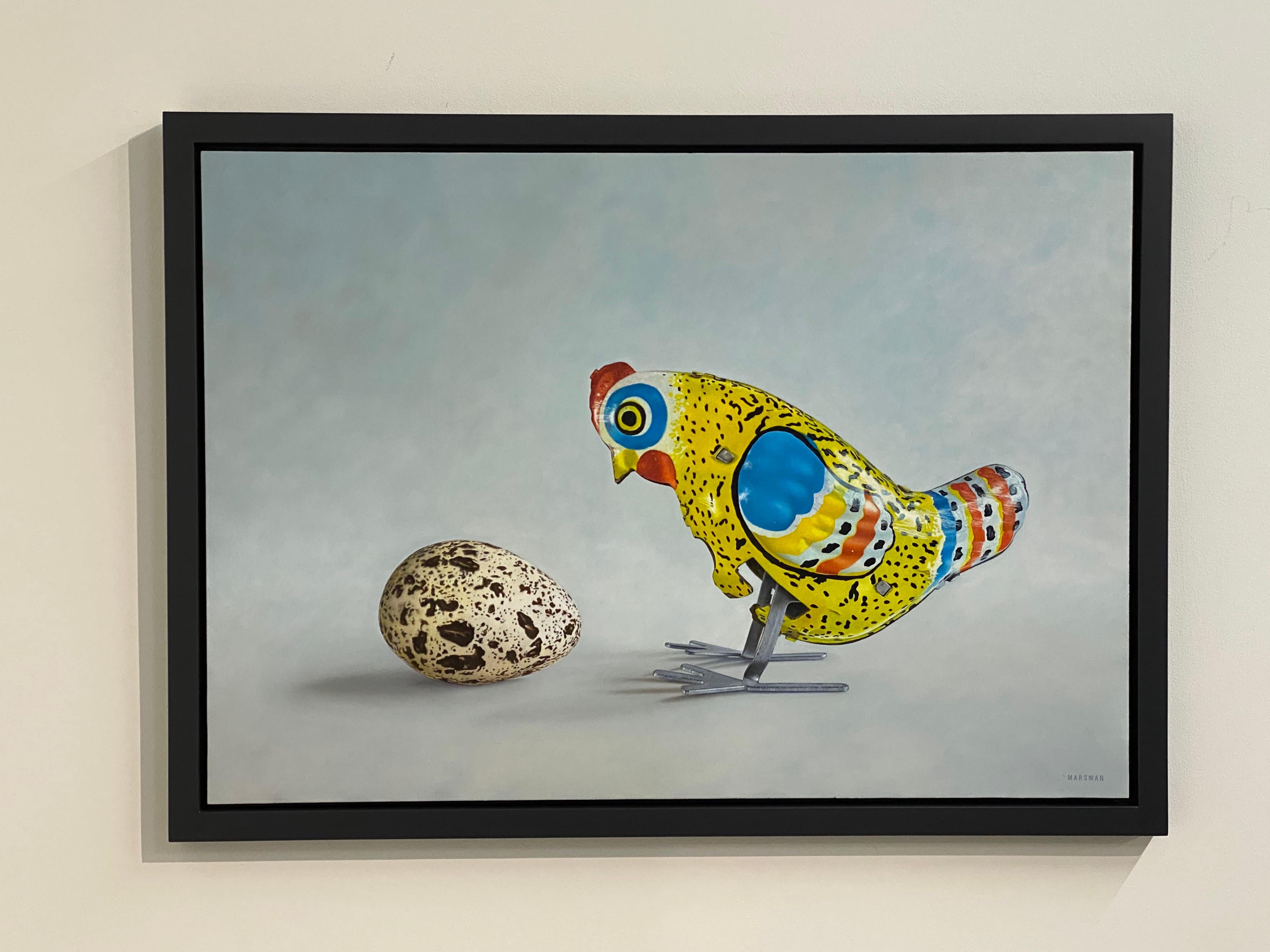 Huh? - 21st Century Dutch  Still-life painting of a Tin Toy Chicken and an egg - Contemporary Painting by JP Marsman