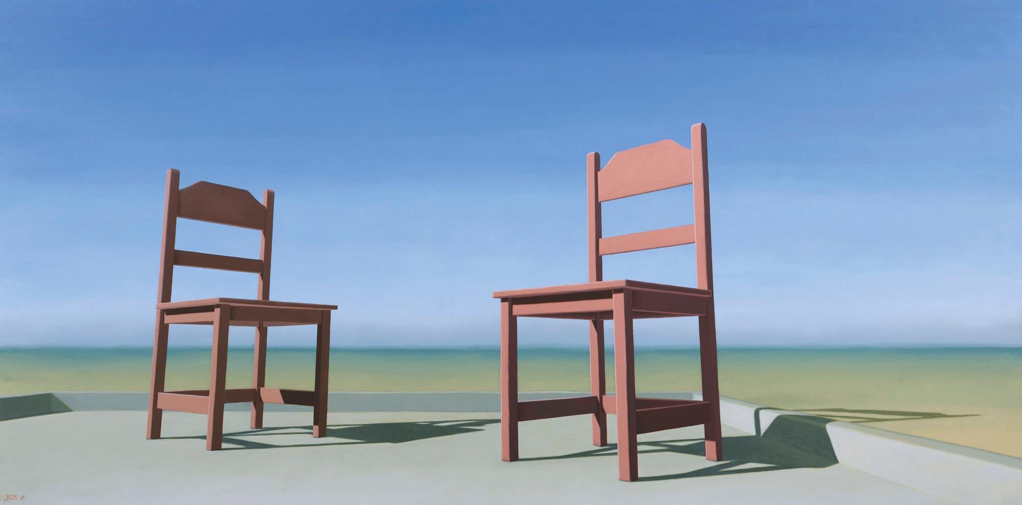 The Meeting - 21st Century Contemporary Oil Painting of Chairs with Blue Sky