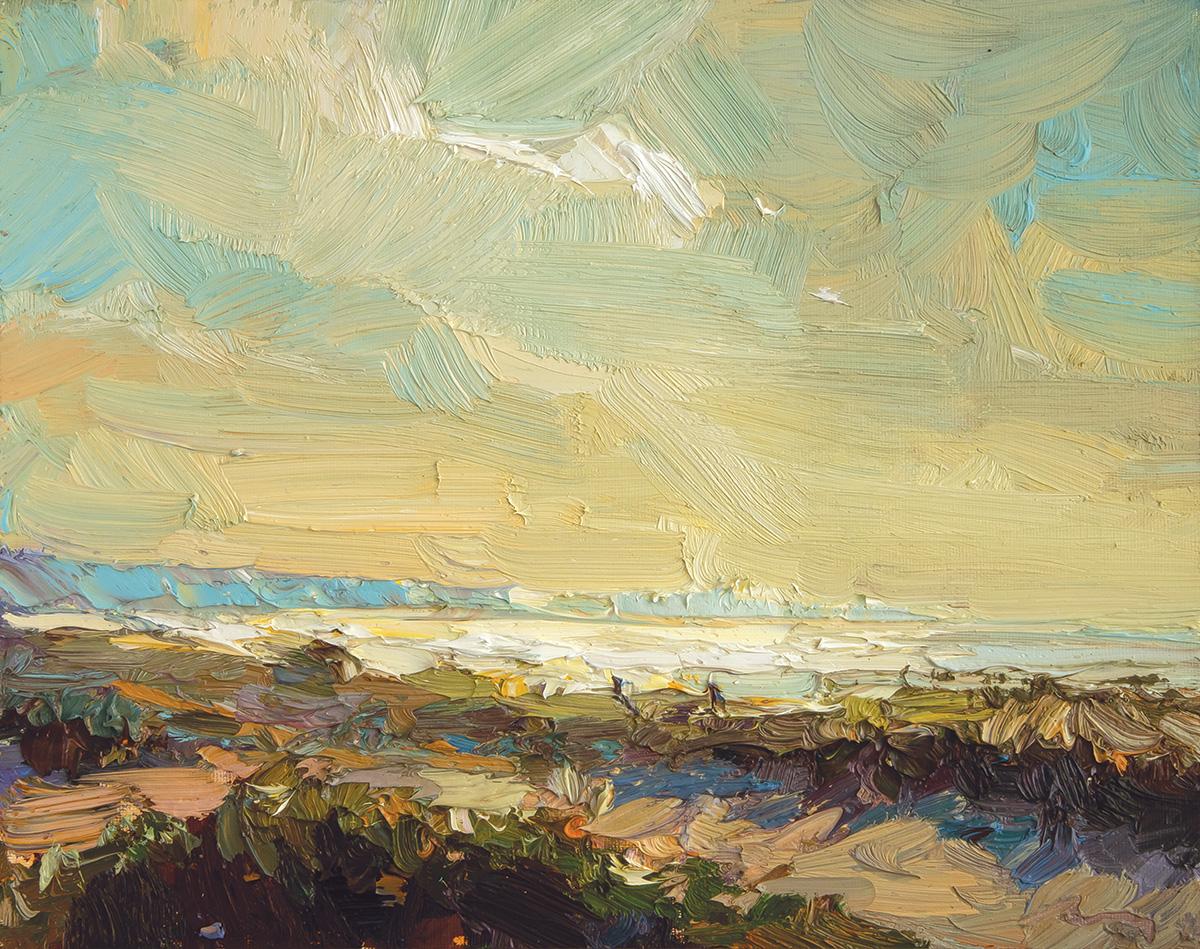 Roos Schuring Figurative Painting - Seascape, Light from a Dune - 21st Century Contemporary Oil Painting of Blue Sky