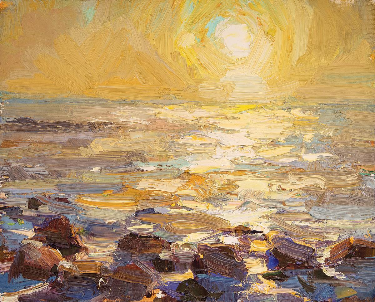 Seascape, Rocks and Yellow Sunshine - 21st Century Contemporary Oil Painting