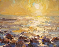 Paisaje marino, rocas y sol amarillo - Pintura al óleo contemporánea del siglo XXI