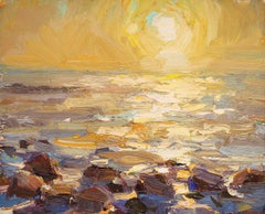 Seascape, Rocks and Yellow Sunshine - 21st Century Contemporary Oil Painting