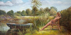 Summerdream - Contemporary Oil Painting of a Nude Woman Sitting in her Back Yard